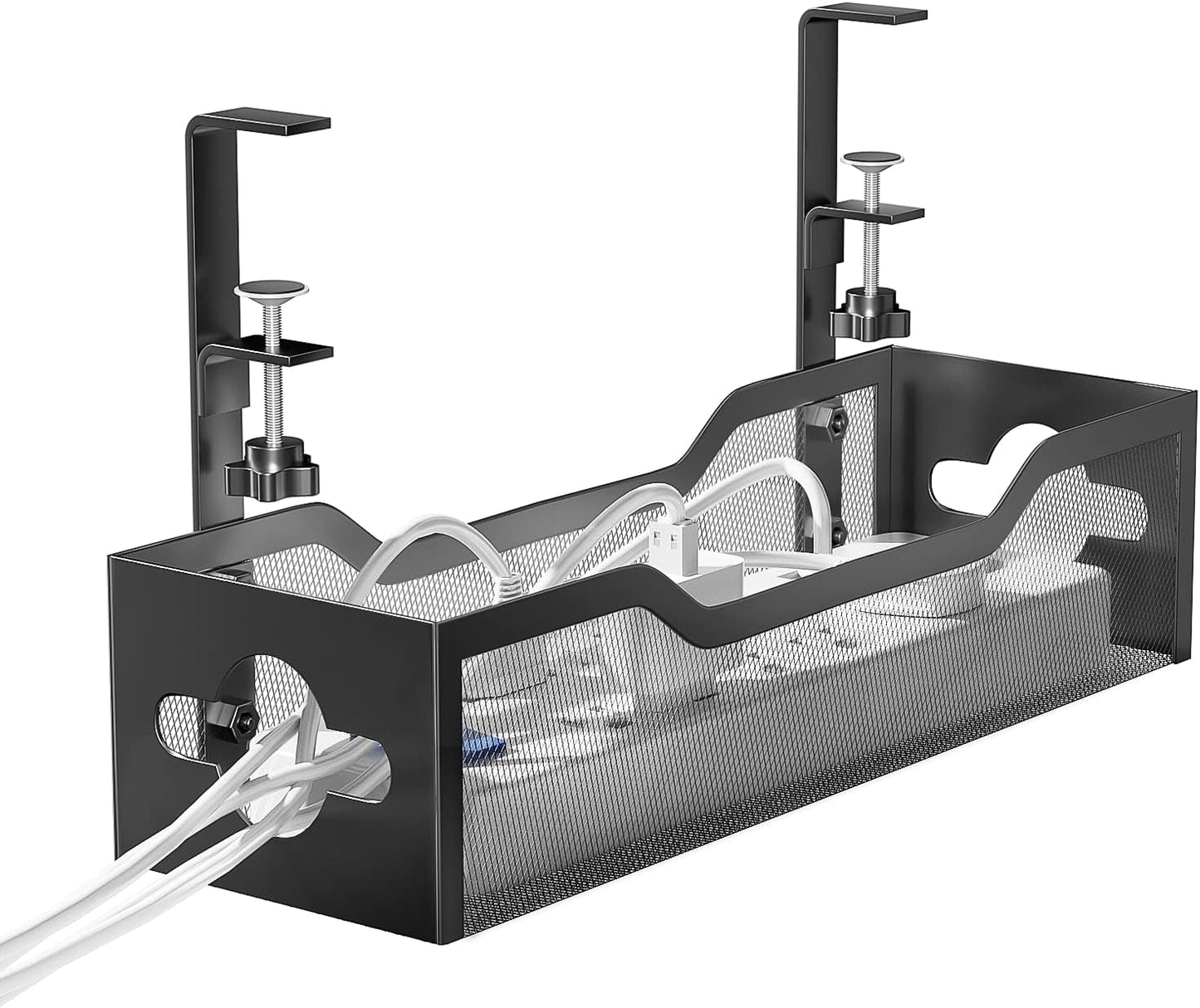 Under Desk Cable Management Tray 13.38", Quszmd Cable Organizer No Drill, Standing Cord Organizer and Wire Management Tray - No Damage to Desk, Black
