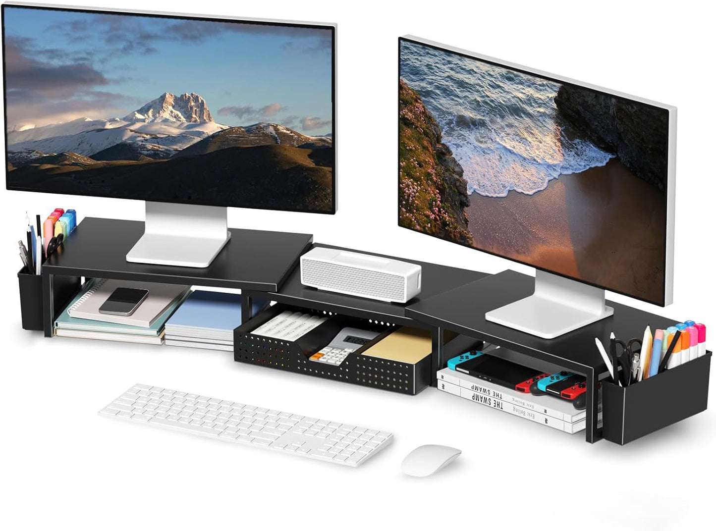 Desk Organizers and Accessories, Dual Monitor Stand Riser with Drawer and 2 Pen Holders, Desk Shelf Metal Computer Monitor Stand for Office Workspace Organizers, Desktop Organization (Black)