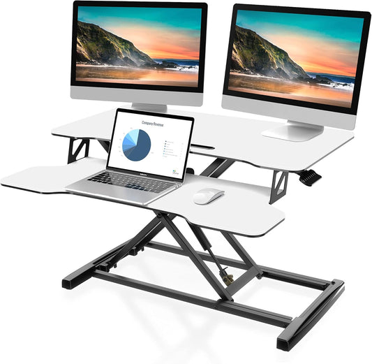 FITUEYES Height Adjustable Standing Desk 32” Wide Sit to Stand Converter Stand Up Desk Tabletop Workstation for Laptops Dual Monitor Riser White SD308003WW