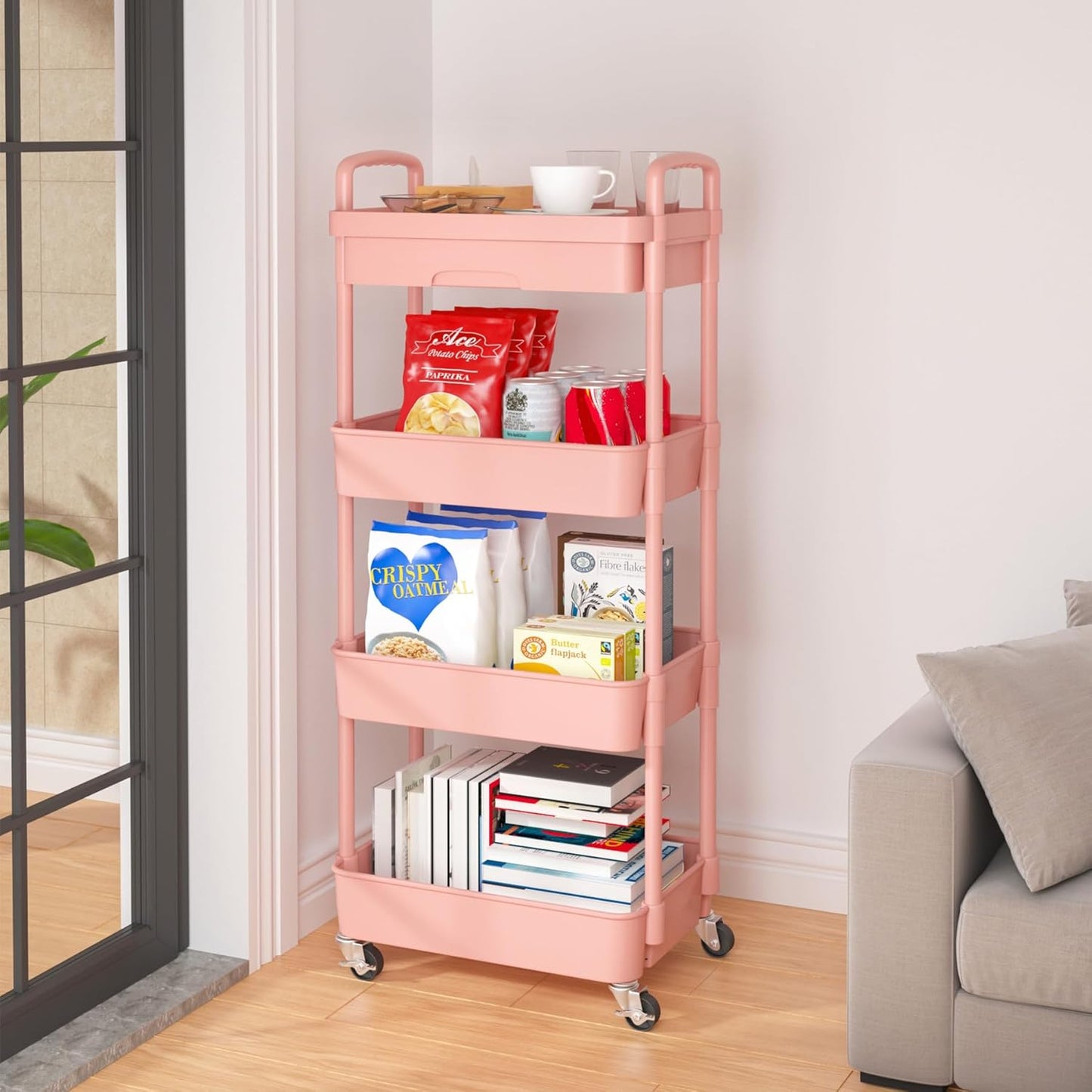 Calmootey 4-Tier Rolling Utility Cart with Drawer,Multifunctional Storage Organizer with Plastic Shelf & Metal Wheel,Storage Cart for Kitchen,Bathroom,Living Room,Office,Pink