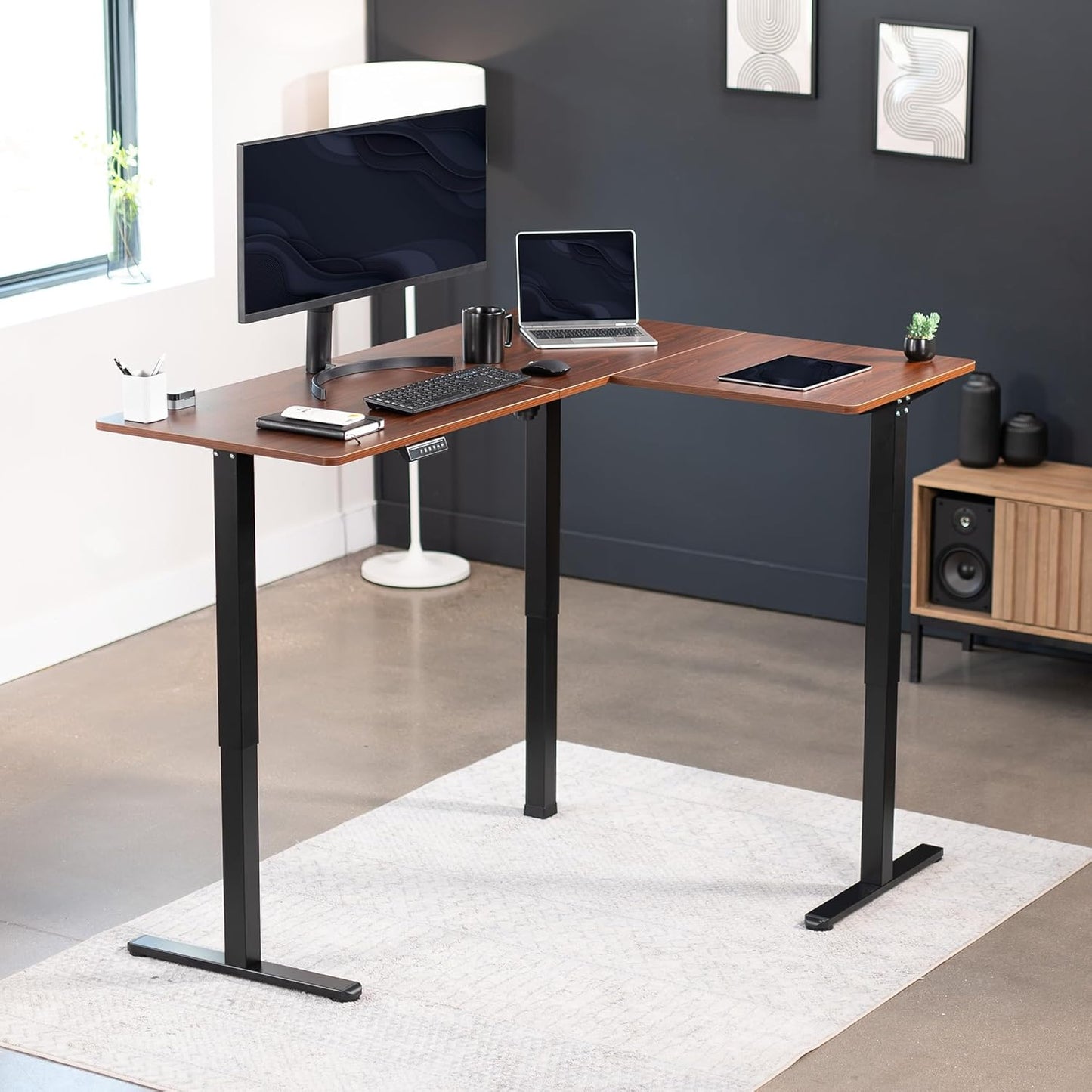VIVO Electric Corner L-Shaped 63 x 47 in Standing Desk, Memory Height Adjustment, Dark Walnut Top Black Frame, DESK-E3CTD-47