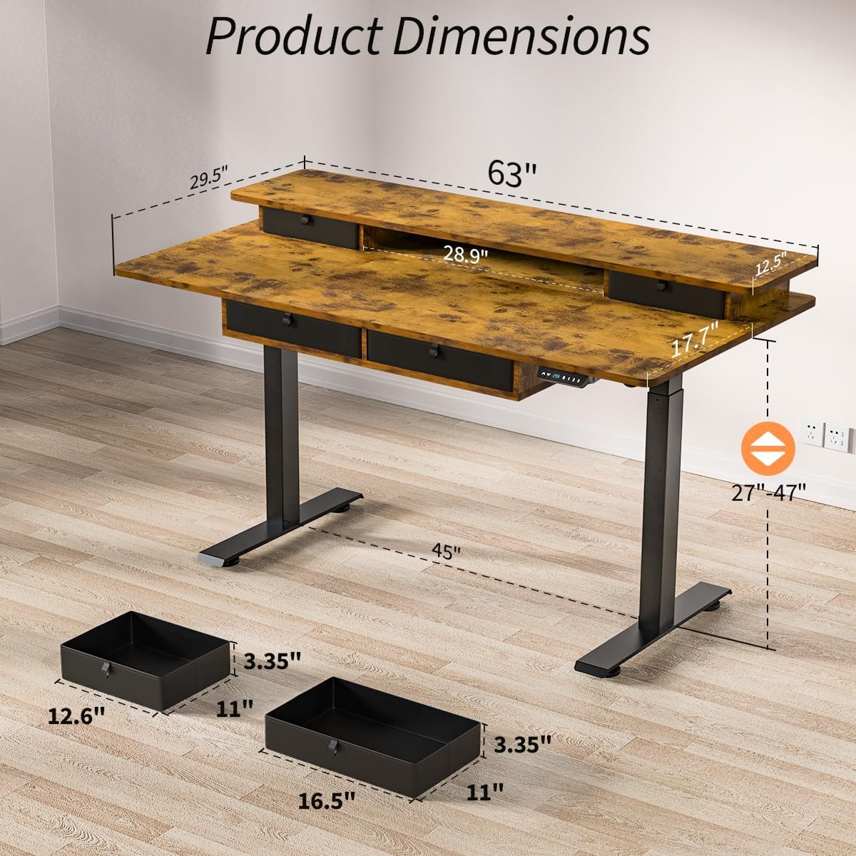 Standing Desk with Fast Charging USB Ports, 63" x 30" Height Adjustable Home Office & Gaming Desk, Sit Stand Desk with Built-in Storage Shelf, Hook & Ergonomic Design(Rustic Brown)