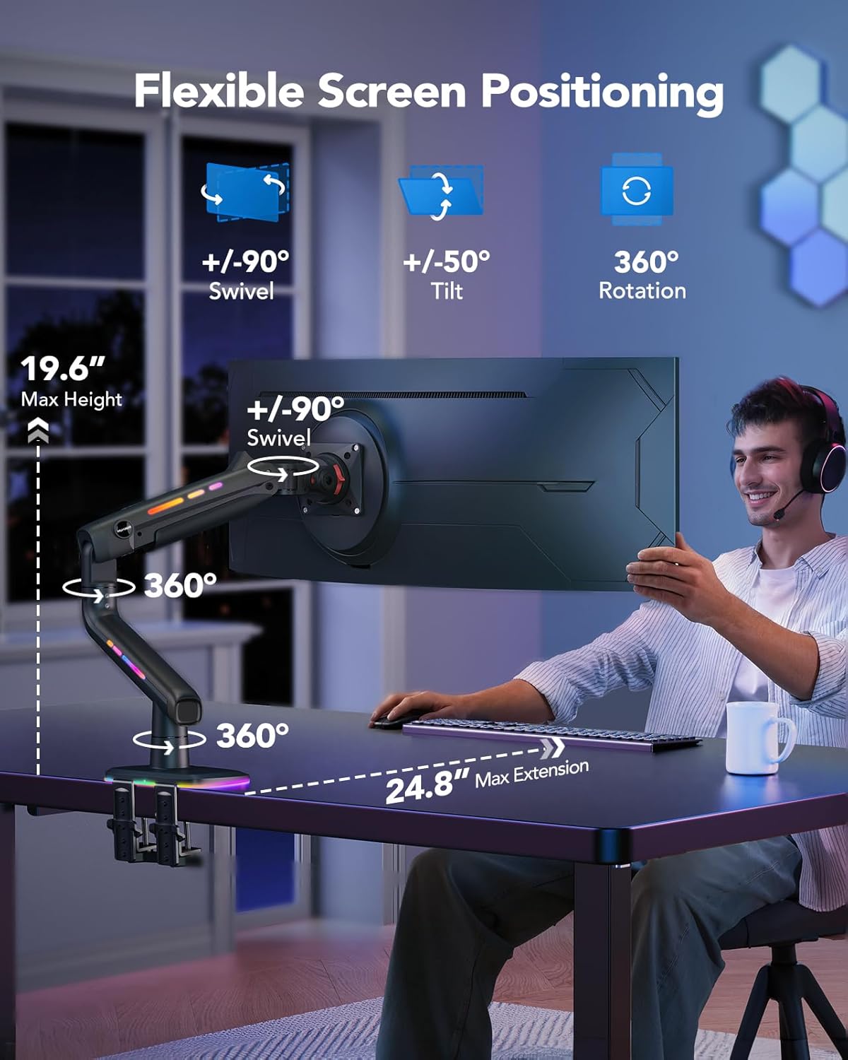 HUANUO RGB Monitor Arm for Ultrawide Screens up to 57″, Heavy-Duty Single Mount Holds 44 lbs, Fully Adjustable Gaming Monitor Arm with C-Clamp & Grommet Base, Max VESA 100 x 100mm