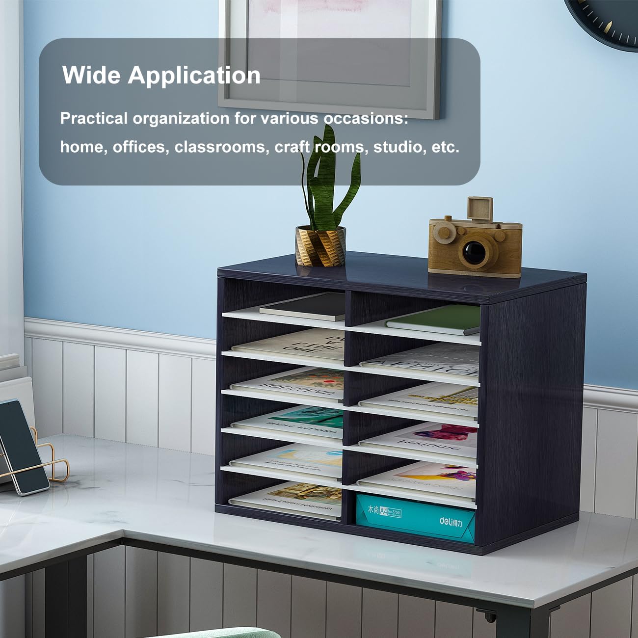 PAG Countertop Mail Sorter Organizer, Wooden Literature Organizer, Student Mailbox for Classroom, Desktop Bill Organizer for Office Home School, 12 Compartments, Black&White