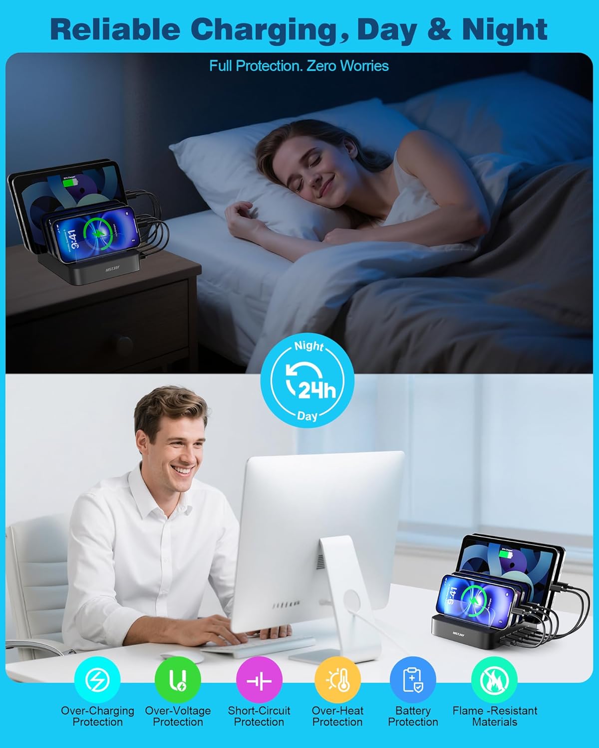 MSTJRY Charging Station for Multiple Devices : 5 Port Multi USB-A Charger Stations Multi-Device Organizer Charging Dock Designed for iPhone iPad Cell Phone Tablets (7 Short Cables Included), Gunmetal