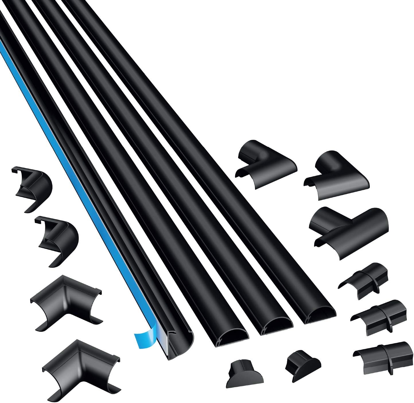 D-Line 13.12ft Cord Hider Kit, Patented Cable Cover, Hide Wires on Wall, Channel for TV Mount Cords, Raceway Wire Hiders, Paintable, Adhesive, Half Round, 4X 0.78in W x 0.39in H x 39in Lengths, Black