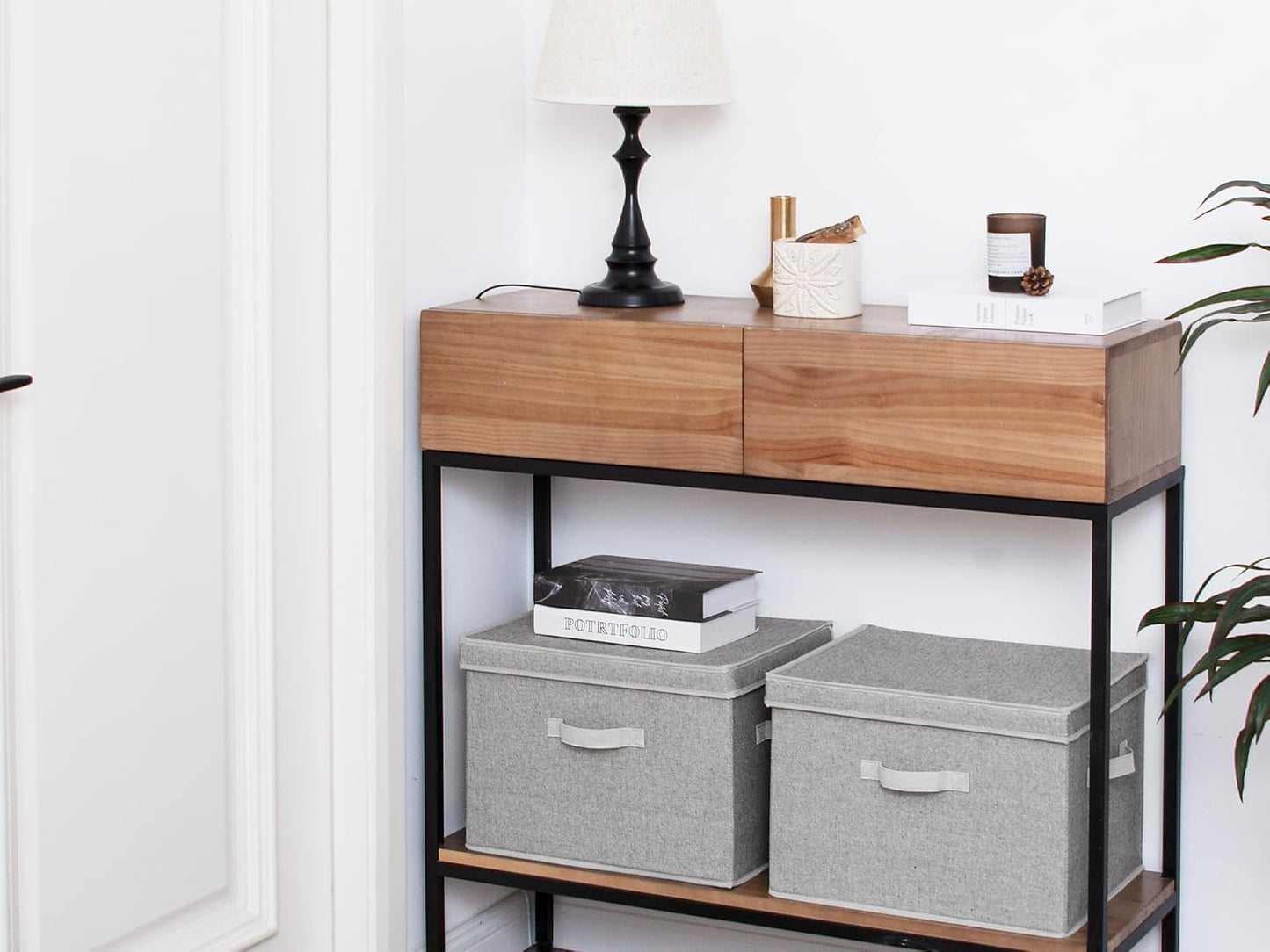 StorageWorks Fabric Storage Bins with Lid, Decorative Storage Boxes for Shelves, Stackable Closet Organizer Basket with Handles, Jumbo, Gray, 2-Pack