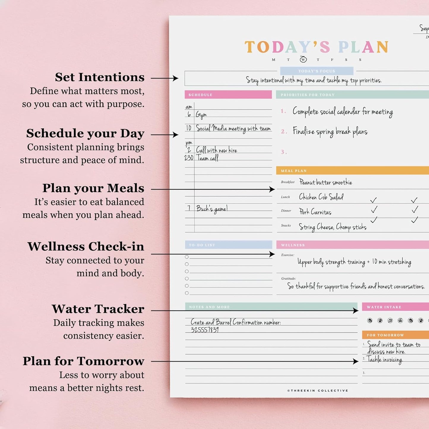 ThreeKin To-Do List Planner – Daily Tear-Off Notepad (50 Sheets, 8.5” x 11”) for Maximum Productivity – Colorful Layout for Work, School & Home – USA Women-Owned Brand