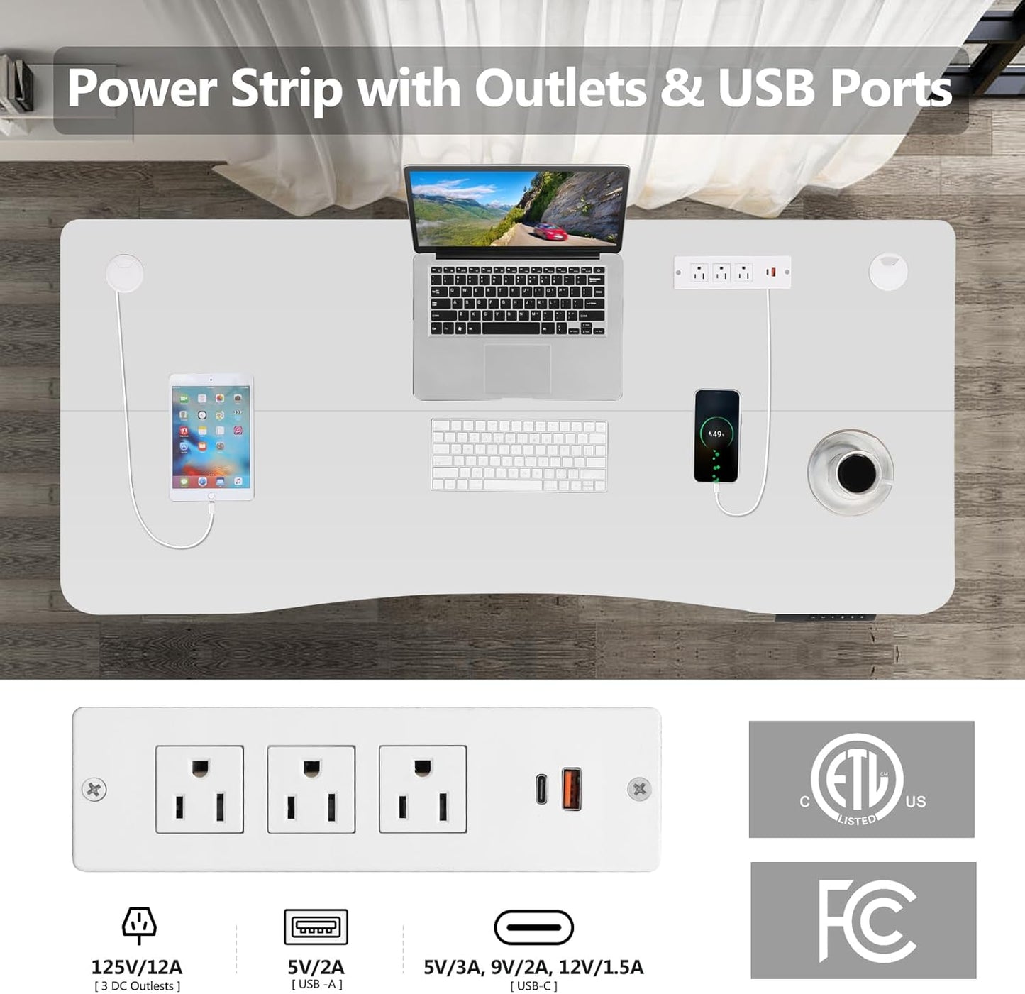 Electric Standing Desk 55 x 24 Inches Adjustable Height Ergonomic Sit Stand Up Desk Curved for Home Office Computer Workstation with 2 USB Ports 3 Power Outlets Memory Preset Wheels, White