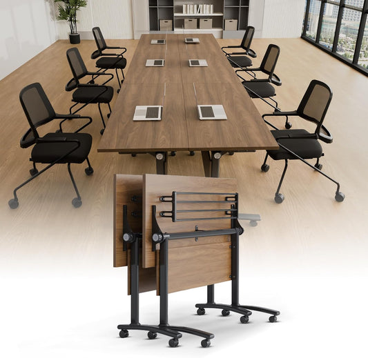 Conference Room Table with Silent Wheels, Mobile Folding Conference Table for 16 Person,Flip Top Office Training Tables with Walnuts Wood Tabletop, for School,Business Meeting Rooms (2 Pack 71in)