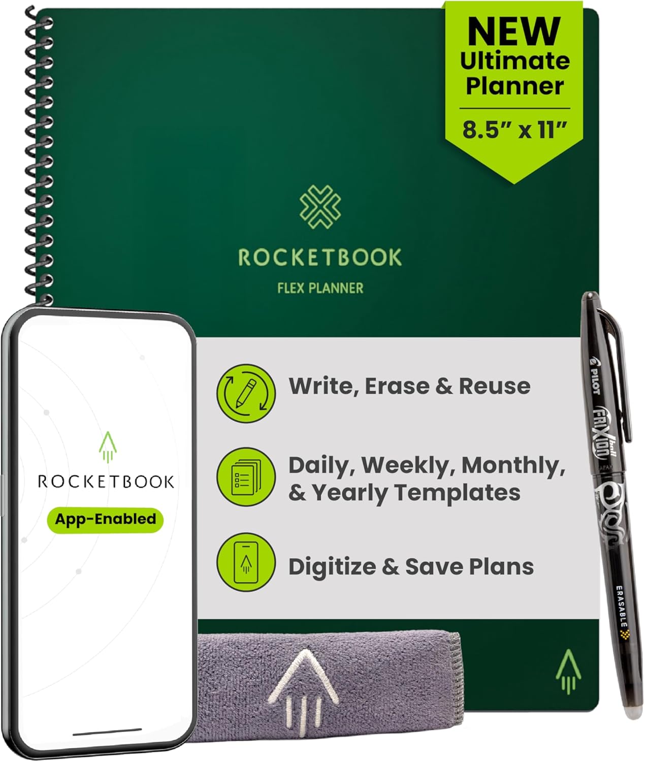 Rocketbook Flex Planner, Reusable Undated Smart, Letter Size 8.5x11 in Green – Daily, Weekly, Monthly, Annual Calendar, Tasks, Goals, Scheduling, Productivity, App Connected, Erasable, Durable Cover