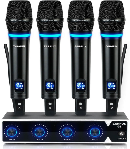 Rechargeable Wireless Microphone System 4 Channel Pro, UHF Metal Handheld Wireless Mics Cordless for Church Karaoke Singing with Volume Control, 4x50 Frequency(G8)