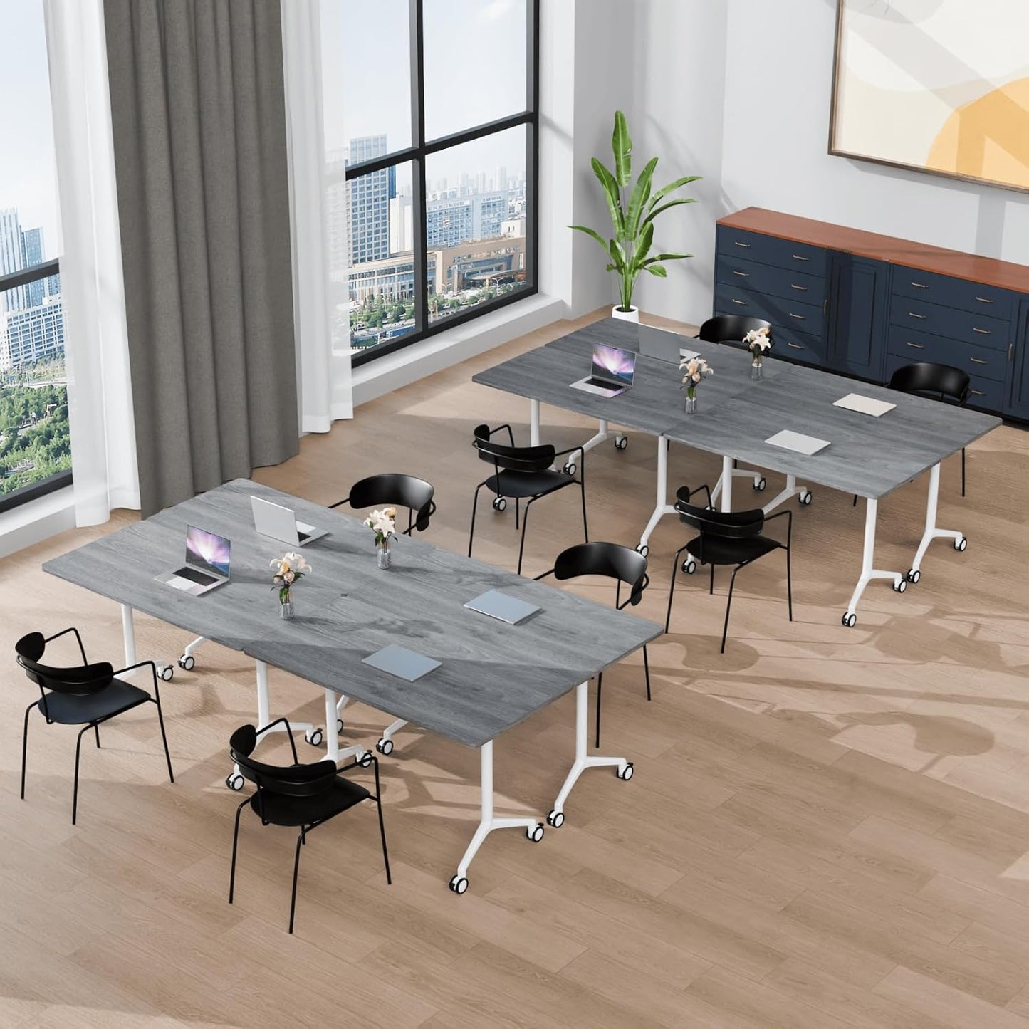 Folding Conference Table, Modern Large Conference Room Tables with Flip-Top Design, Foldable Conference Table Meeting Table with Wheels, Mobile Seminar Training Tables for Office Classroom (2, Oak)