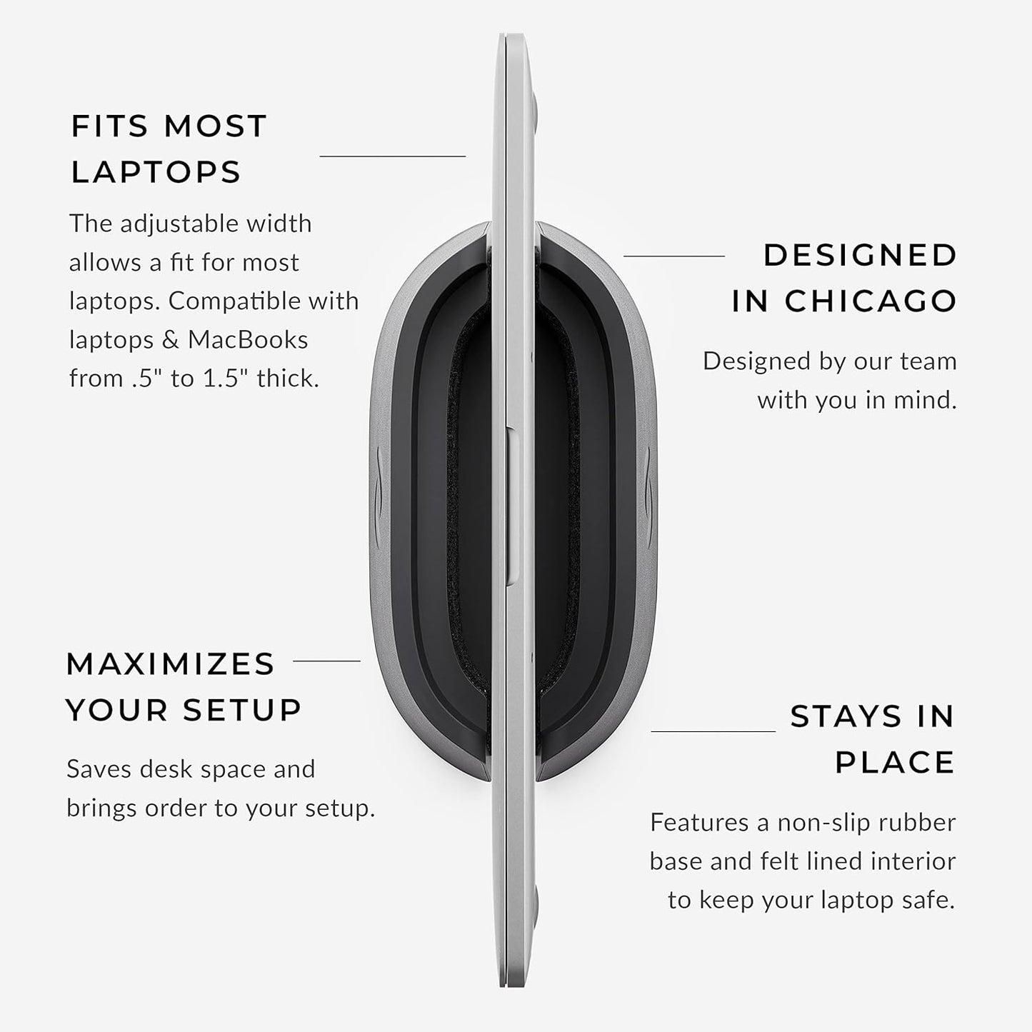 HumanCentric Vertical Laptop Stand in Vegan Black Leather, Upright Adjustable Holder and Dock, Laptop Vertical Stand Fits MacBook Pro and Other Laptops .5" to 1.5", Clamshell Compatible