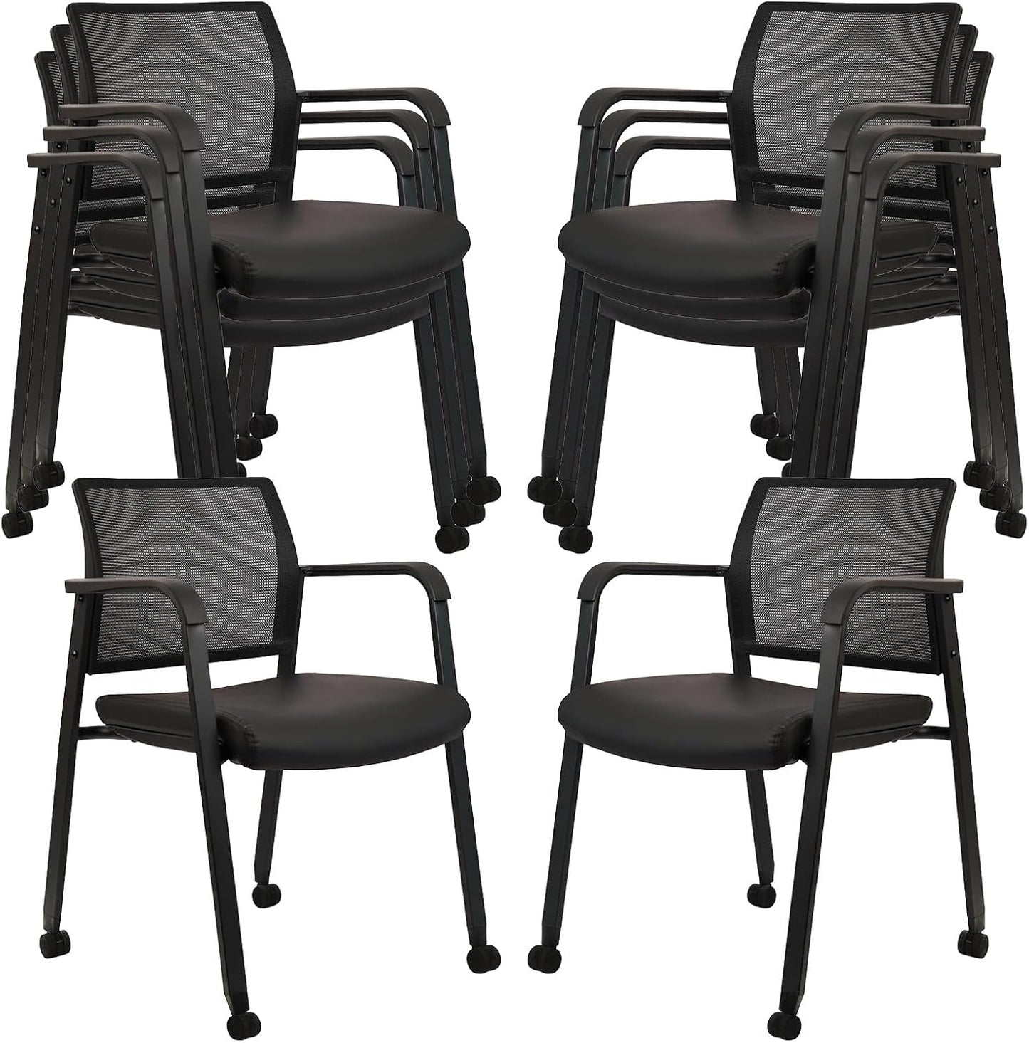 CLATINA Stacking Office Chair with Wheels, Mesh Back Waiting Room Guest Chairs with Arms Comfortable Leather Cushion Stackable Desk Chair for Conference Reception School Side Stationary, Black, 8 PK