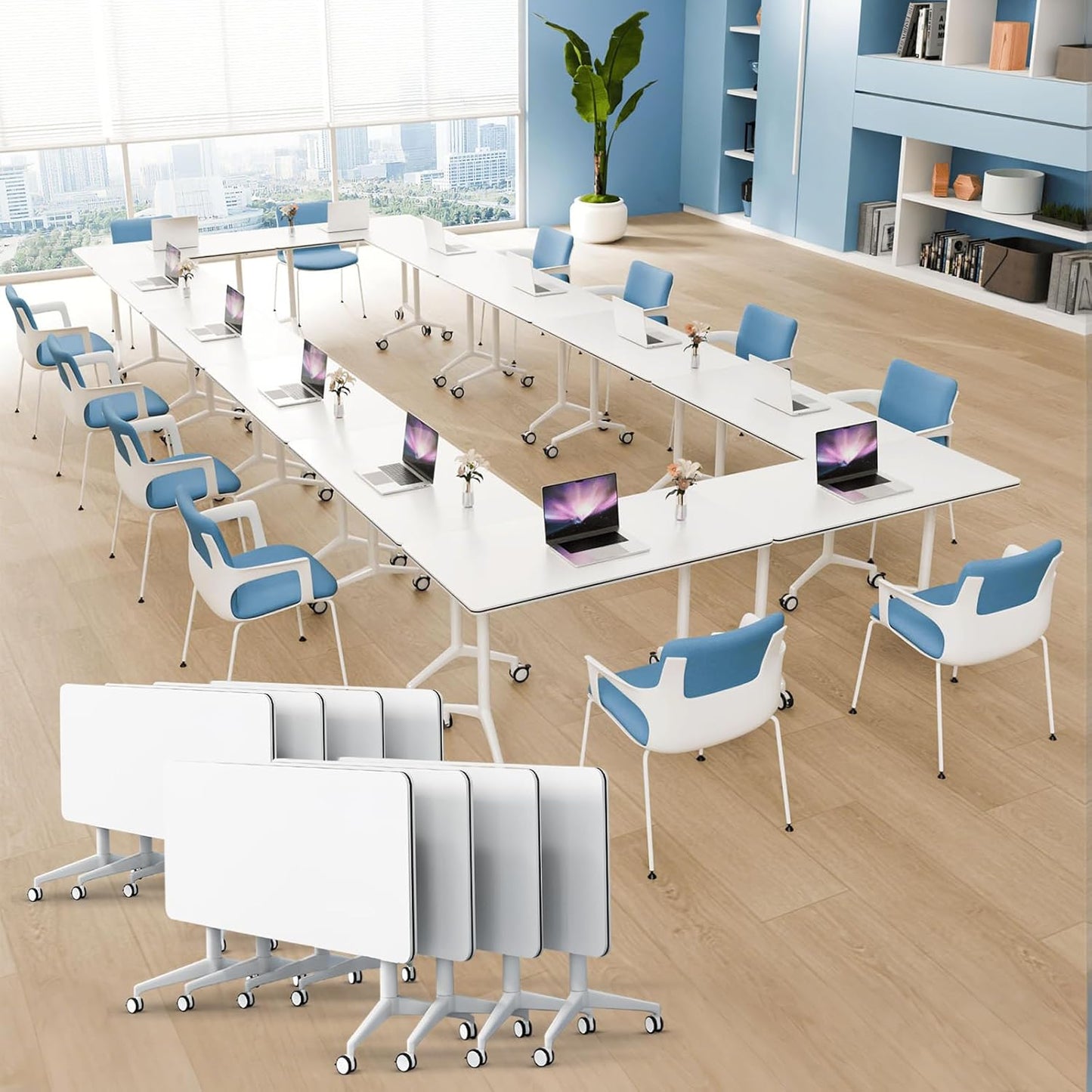 8pack Folding Conference Room Table, Modern Conference Tables with Silent Wheels, Large Rectangular Mobile Training Tables for Office Classroom, Foldable Modular Seminar Table White (L55.1in)