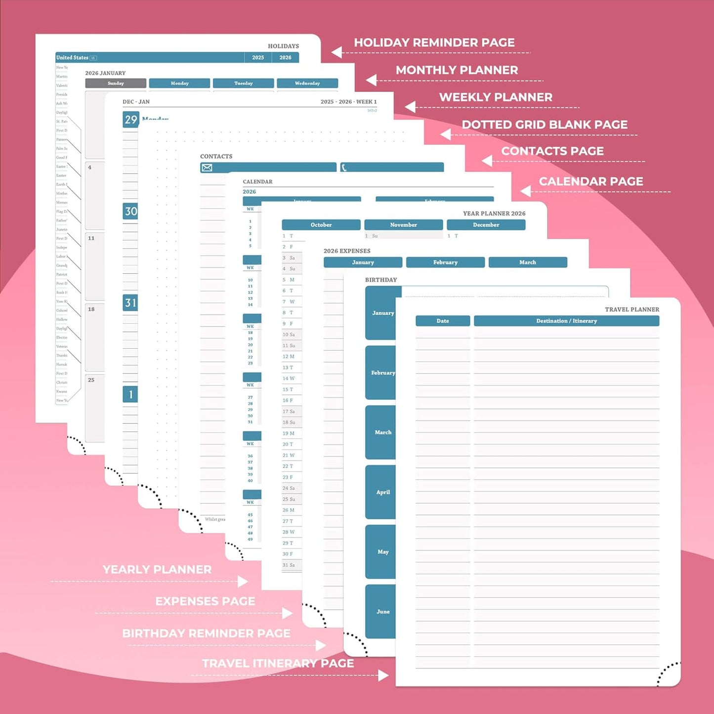 Planner 2026 Daily Weekly and Monthly,8.5"x6.5",12 Months Spiral Bound Calendar Agenda with Self-adhesive Pen Holder,2026 Appointment Book with Vegan Leather Soft Cover,Rose Red