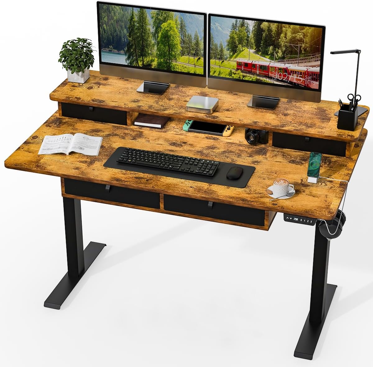 Standing Desk with Fast Charging USB Ports, 55" x 30" Height Adjustable Home Office & Gaming Desk, Sit Stand Desk with Built-in Storage Shelf, Hook & Ergonomic Design(Rustic Brown)