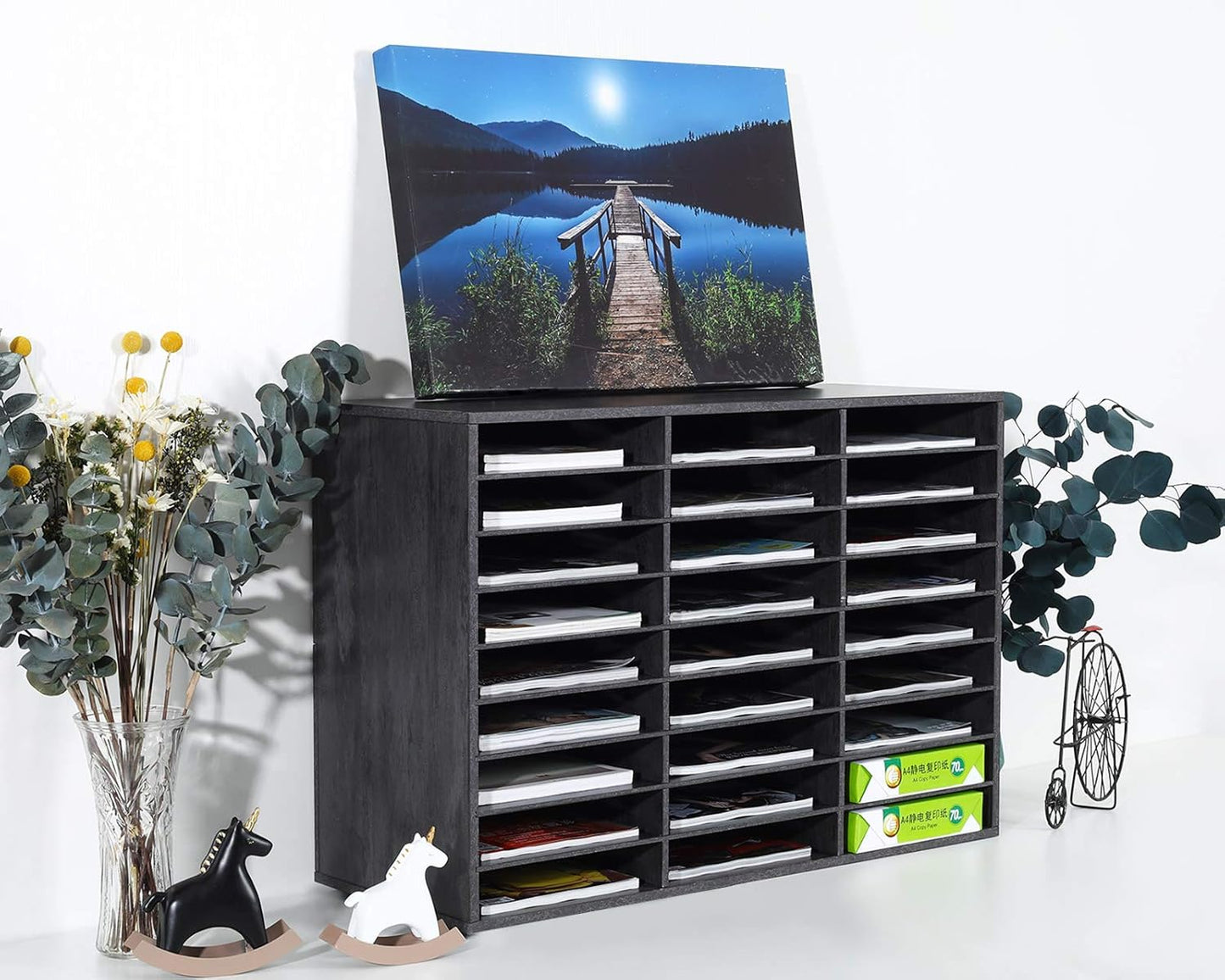 PAG Mail Sorter Organizer, Wood Literature Organizer, Student Mailbox for Classroom, Desktop Bill Paper Organizer for Office Home School, 27 Compartments, Dark Gray