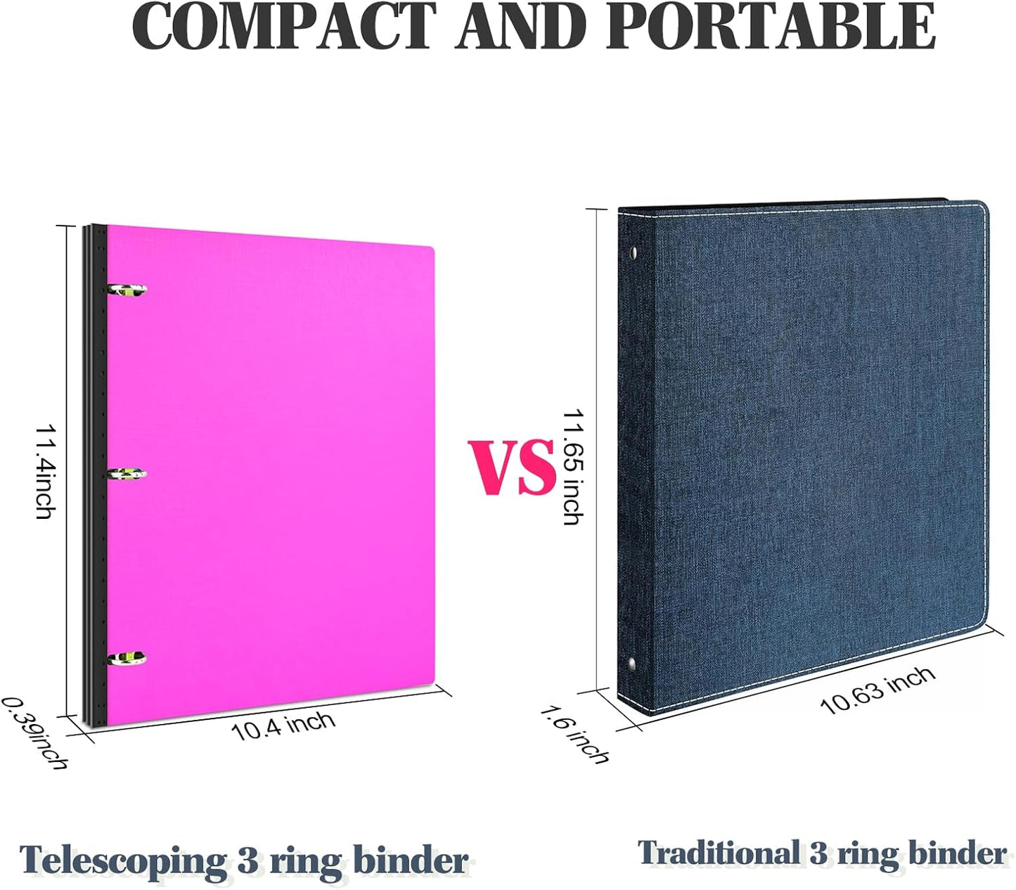 INFUN Telescoping 3 Ring Binder, Portable Plastic 0.75 inch 3 Ring Binder with Telescoping Spine and Foldable Front Cover Holds 8.5" x 11" Paper for School,Office and Homes-Pink