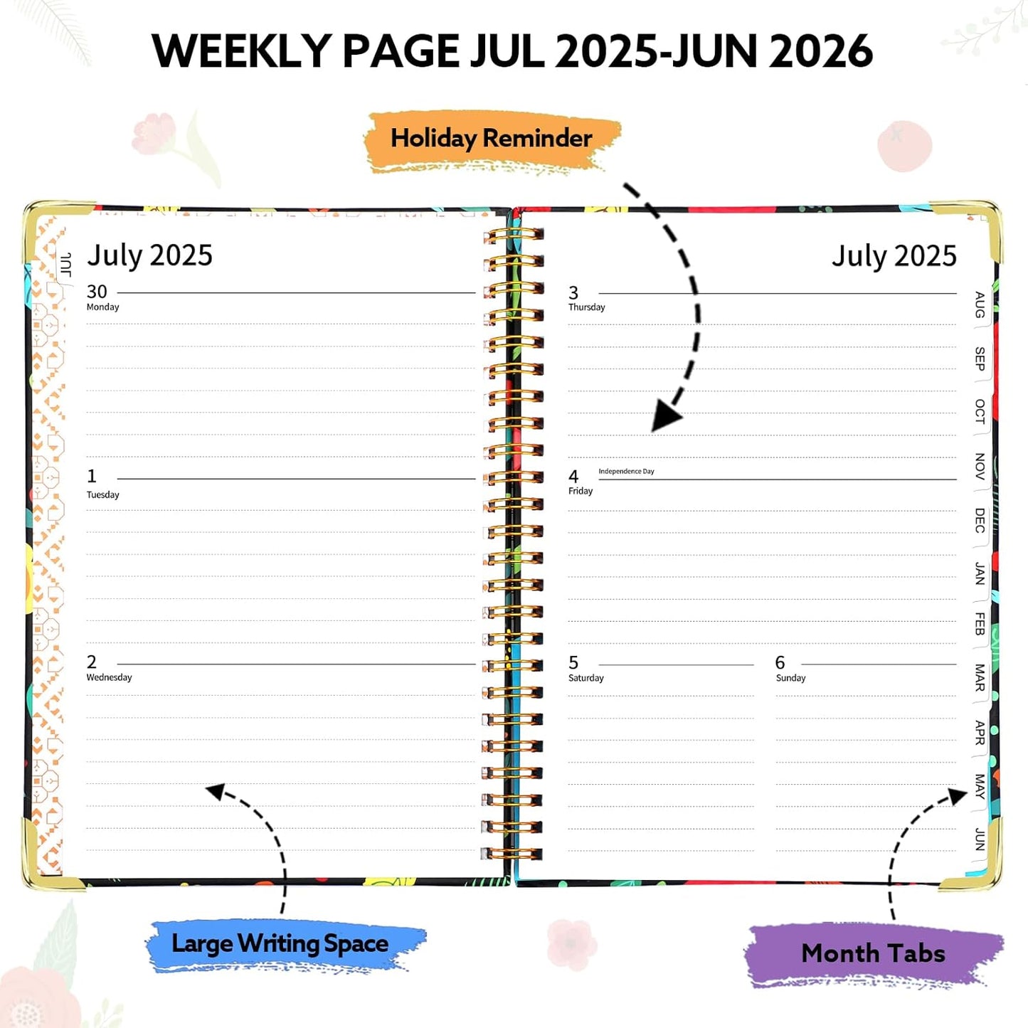2025-2026 Academic Planner, A5 (6.5" x 8.5") Weekly and Monthly Planner, July 2025 -June 2026, Calendar Planner with Tabs, Inner Pocket for Home School Office Supplies, Black Flower