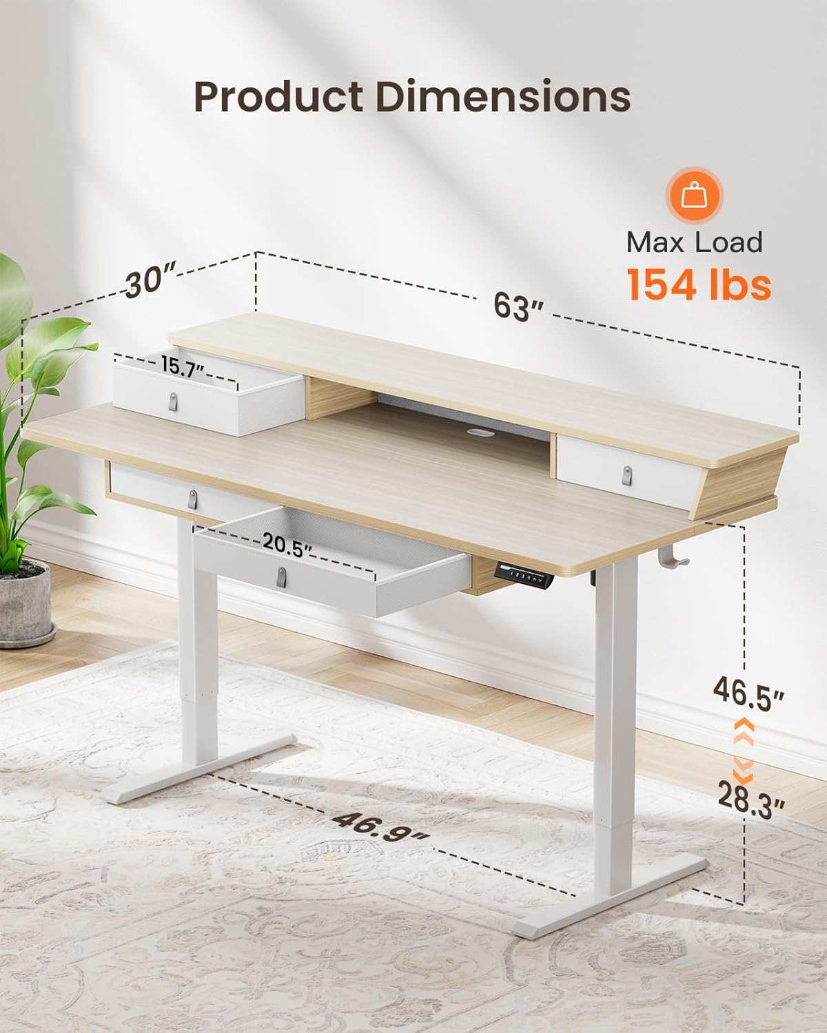 ErGear Electric Standing Desk with 4 Drawers, 63" x 30" Height Adjustable Desk with Storage, C-Clamp Mount Compatible, Computer Home Office Table with Cable Management Tray, Natural
