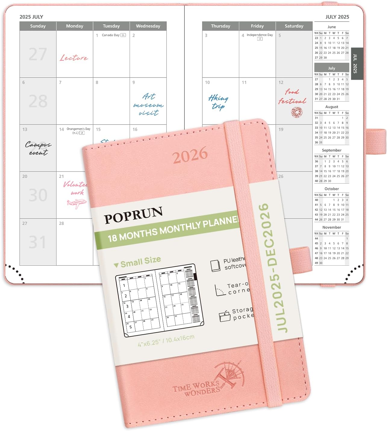 POPRUN Pocket Monthly Planner 2025-2026 (Pocket- 4''x 6.25''Soft Leather Cover) - 18 Month Calendar Book for Purse (Jul.2025-Dec.2026), 100 GSM Thick Paper - Pink