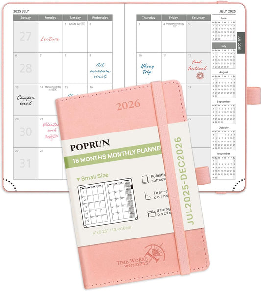 POPRUN Pocket Monthly Planner 2025-2026 (Pocket- 4''x 6.25''Soft Leather Cover) - 18 Month Calendar Book for Purse (Jul.2025-Dec.2026), 100 GSM Thick Paper - Pink