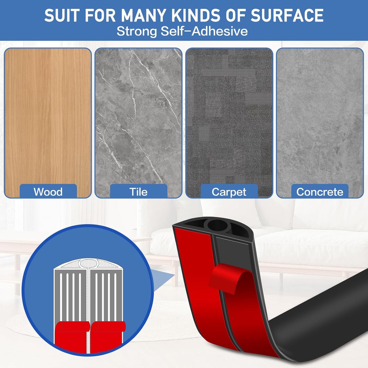 Floor Cord Cover Self Adhesive Cord Hider Floor Extension Cord Covers for Floor Power Cord Protector Cable Management Prevent Cable Trips Cable Cavity 0.32" W x 0.32" H (Black, 20Ft)