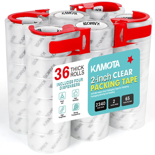 KAMOTA Packing Tape, 36 Rolls Heavy Duty Clear Packaging Tape for Shipping Packaging Moving Sealing, 2 inches Wide, 65 Yards Per Roll, Total 2340 Yards with 4 Dispensers