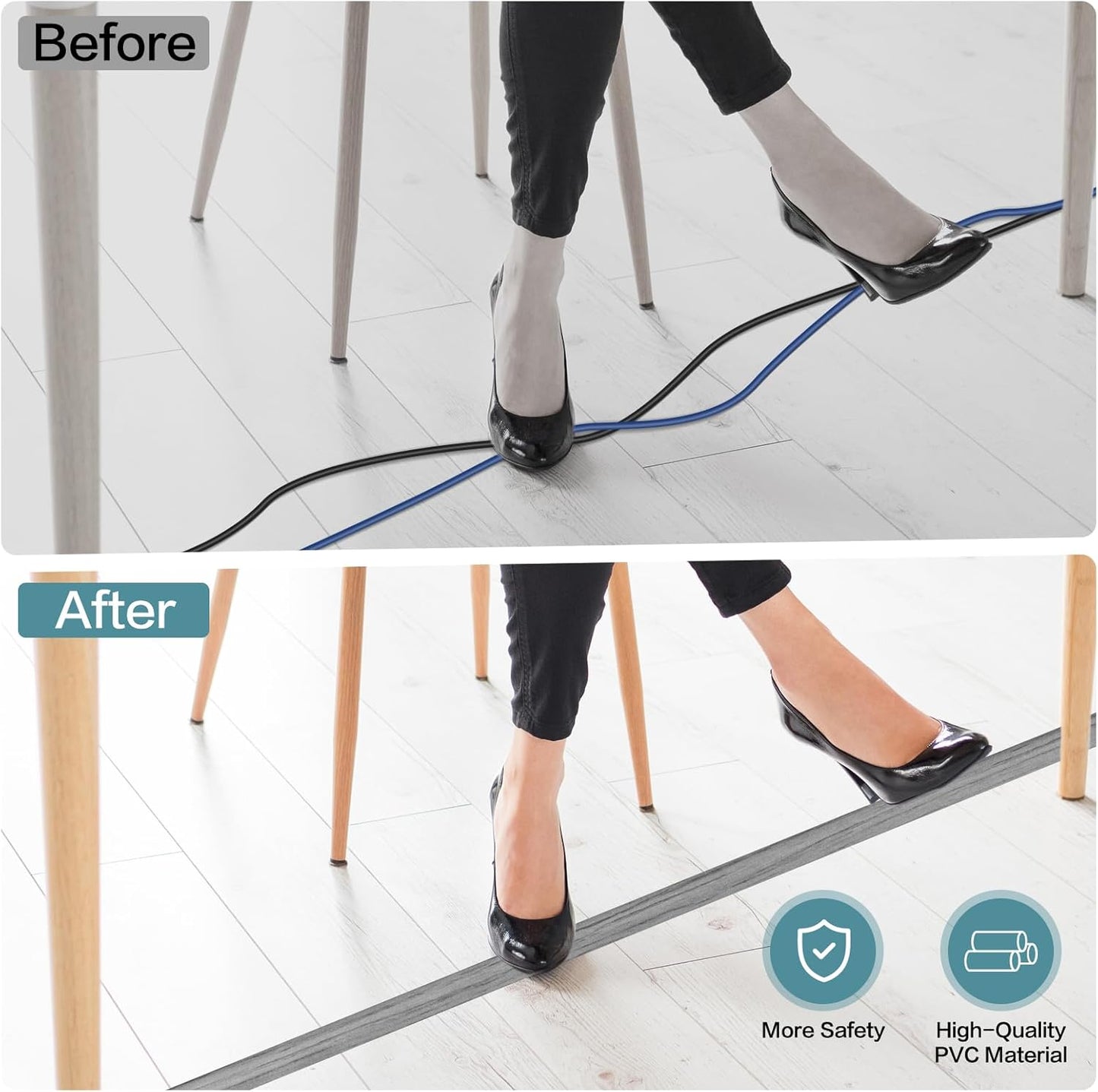 Floor Cord Cover Self Adhesive Cord Hider Floor Extension Cord Covers for Floor Power Cord Protector Cable Management Prevent Cable Trips Cable Cavity 0.32" W x 0.32" H (Light Grey Wood, 20Ft)