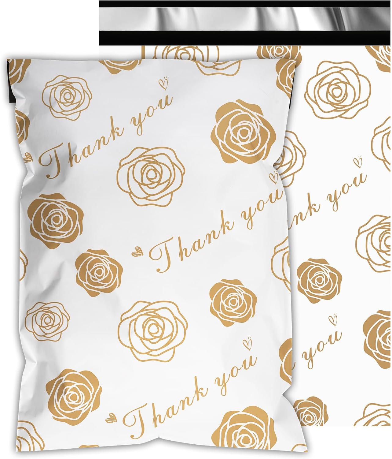 Thank You Poly Mailers 14.5x19 Inch 50 Pcs - Gold Rose Printed Shipping Bags for Clothing - Waterproof and Tear Resistant Mailing Envelopes - Self-Sealing Packaging Bags for Small Business