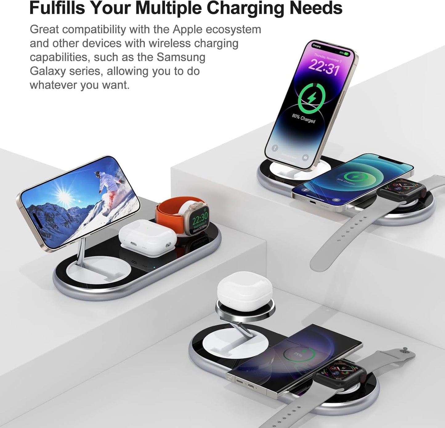 3 in 1 Charging Station for Apple Devices, Faster Mag-Safe Charger Stand, Magnetic Wireless Charger Station for iPhone 16 15 14 13 12 Pro Max Plus, Apple Watch iwacth & AirPods, Adjustable Angle