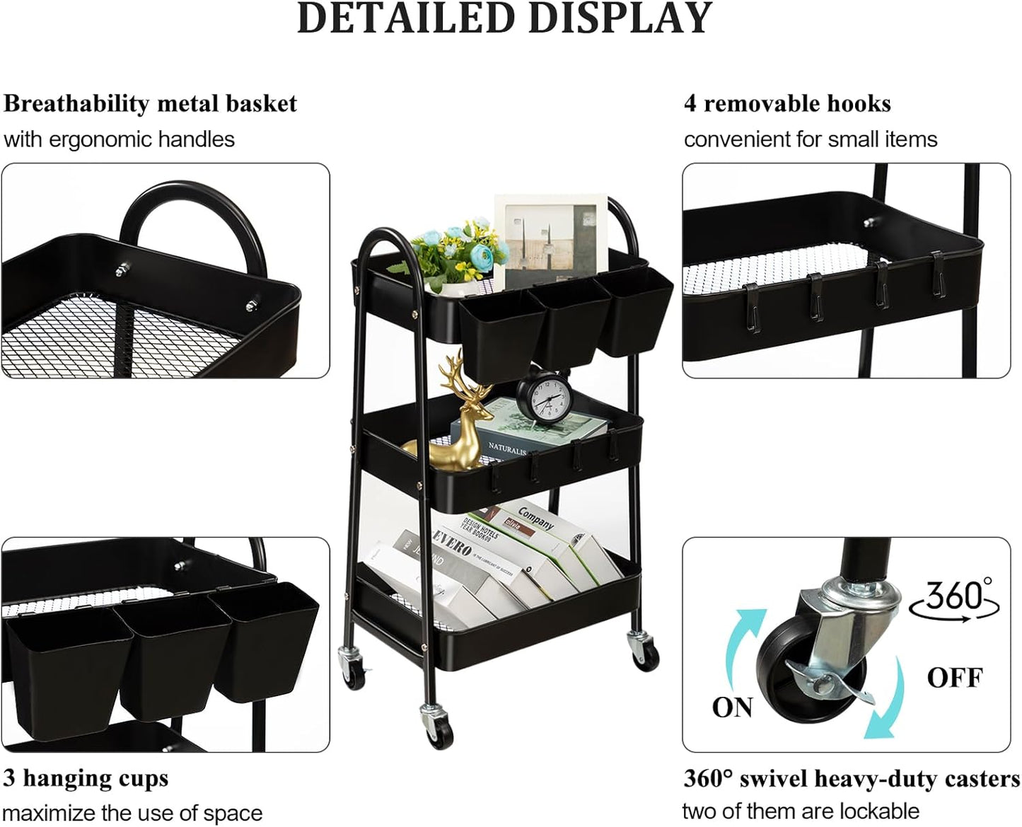 danpinera 3-Tier Rolling Cart, Metal Rolling Storage Cart with Lockable Wheels & Hanging Cups & Hooks, Mobile Trolley Cart for Kitchen, Bathroom, Office, Workshop, Black