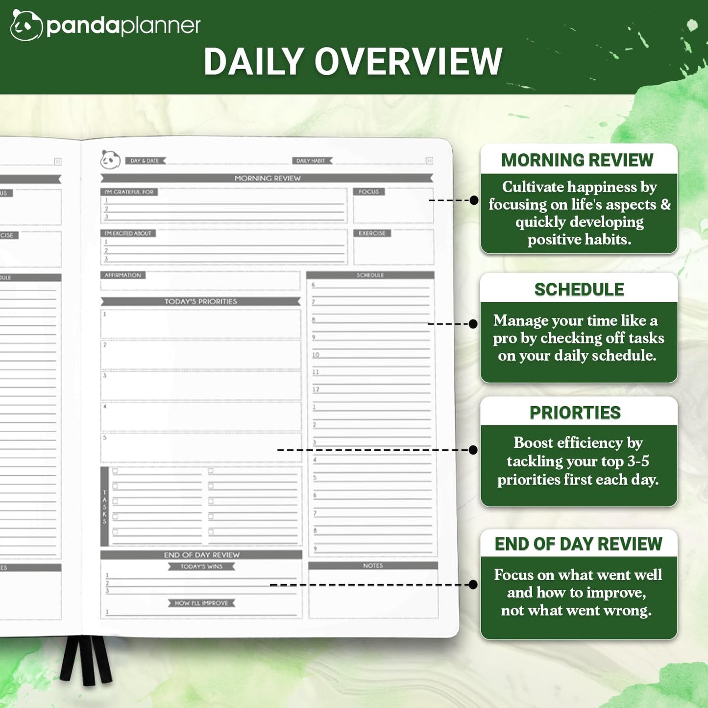 Panda Planner Pro 2025-2026 – Undated Productivity Planner with Daily, Weekly & Monthly Layouts – Large 8.5x11 Goal Tracker, Habit Planner, Time Management & Focus Organizer – Dark Green
