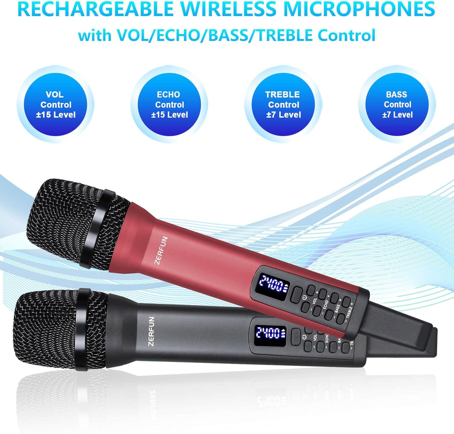 4 Rechargeable Wireless Microphones, Pro Handheld Cordless Mics System with Echo Treble BASS VOL Control for Karaoke Singing Church Party, 1/4'' Output, Grey&Red