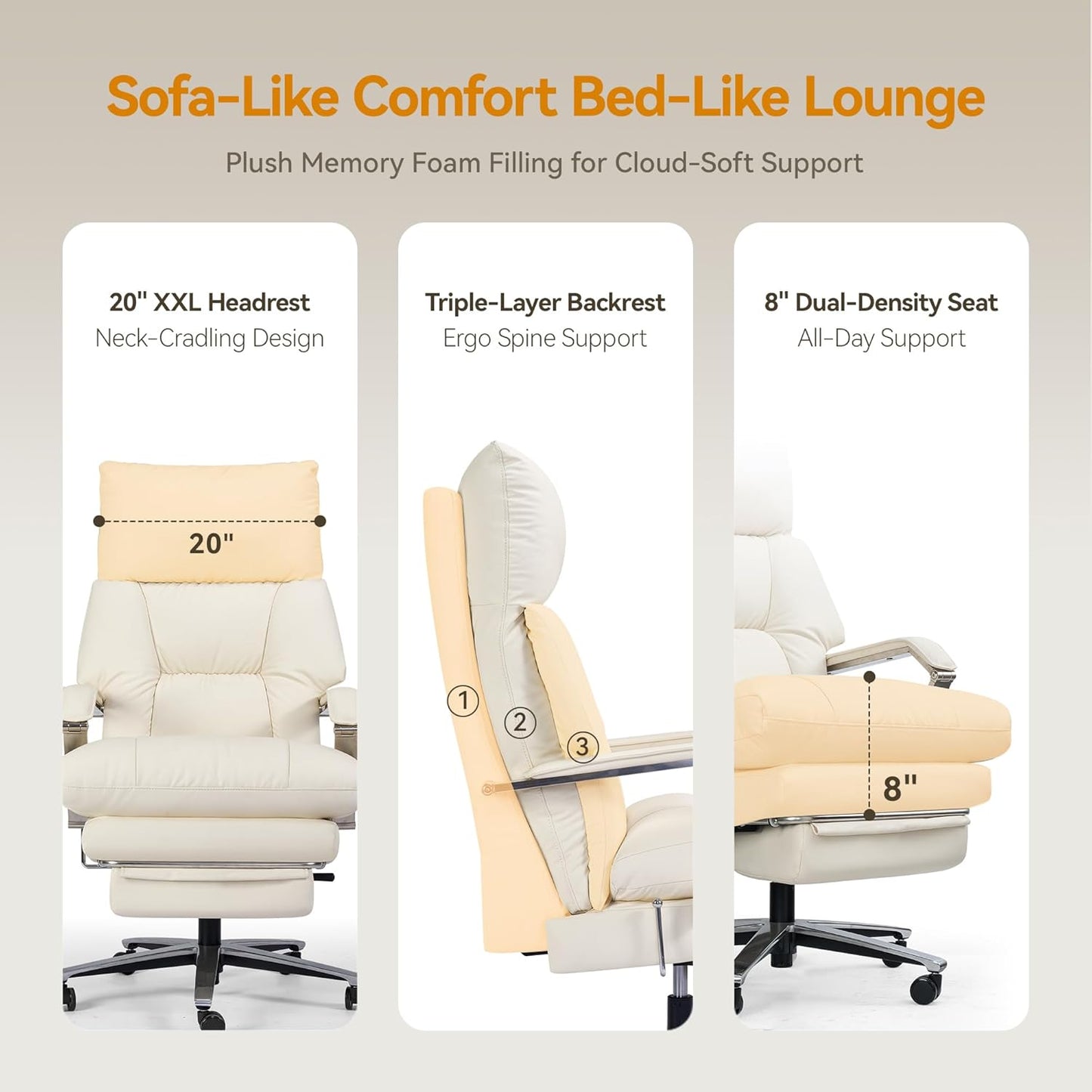 Reclining Office Chair with Footrest - 25.6" Wide Seat & Adjustable Seat Depth, Big and Tall High Back Leather Executive Home Office Desk Chair 400lbs, Cream