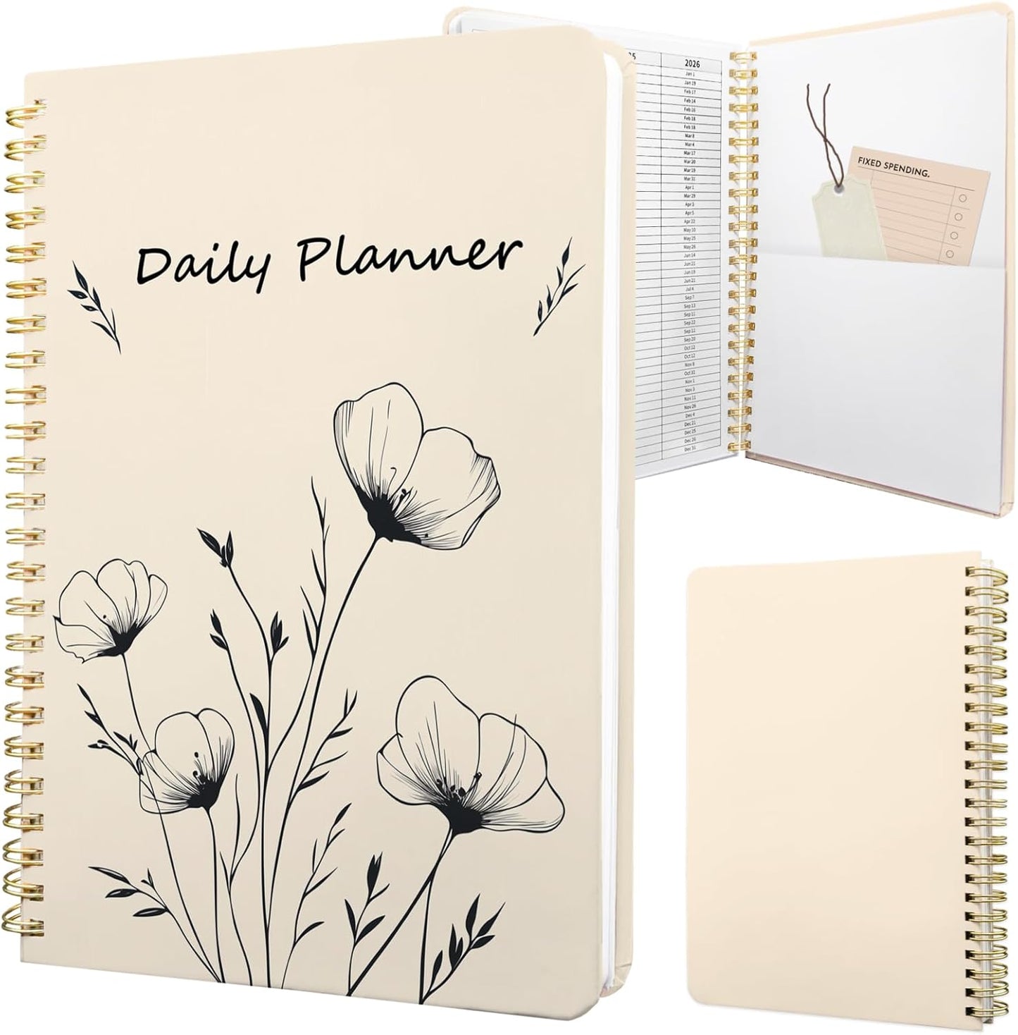 Stanoha Undated Daily Planner - Spiral Notebook 80 Days One Day Per Page, Hourly Schedule, To-Do List, Notes, Everyday Planning Task, A5 Hardcover Journal Organizer Book Women Cute, White Flower
