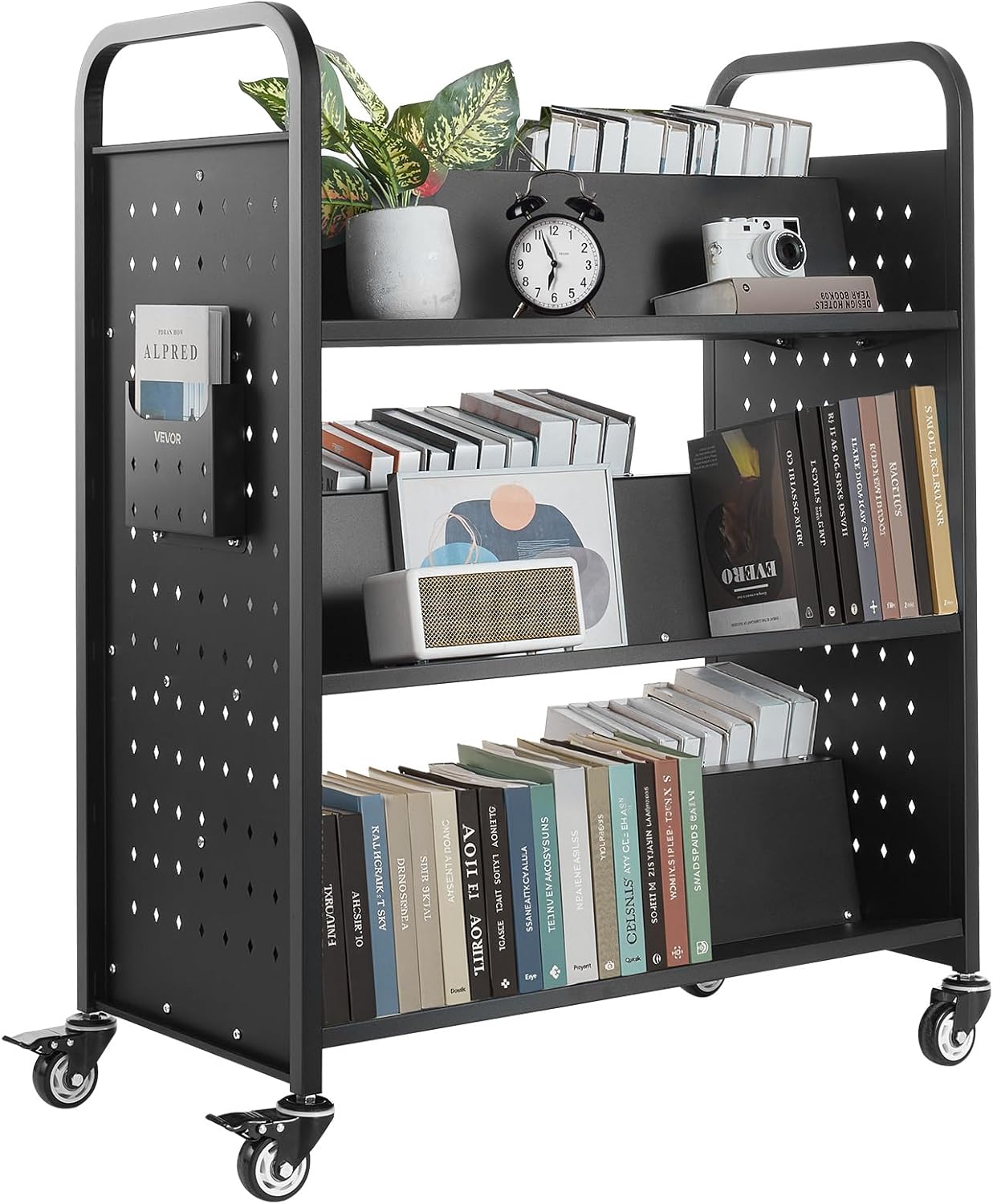VEVOR Rolling Library Book Cart, 330 lbs Capacity, 38.2 x 20.3 x 48.2-Inch Library Cart, Double Sided W-Shaped Shelves with 3-Inch Lockable Wheels, Book Truck for Home Shelves Office and School, Black