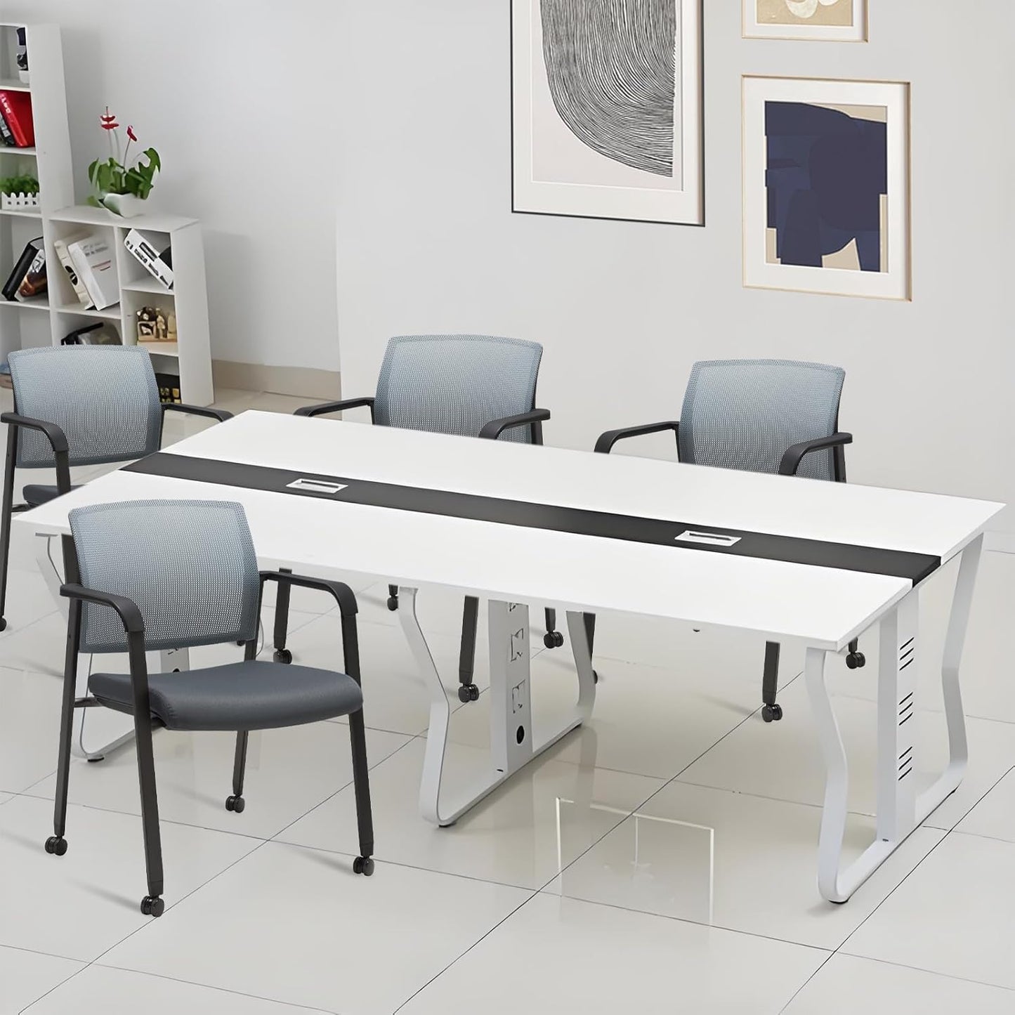 CLATINA Mesh Back Stacking Arm Chairs with Upholstered Fabric Seat and Ergonomic Lumbar Support for Office School Church Guest Reception (WithWheels Gray- 4 Pack)