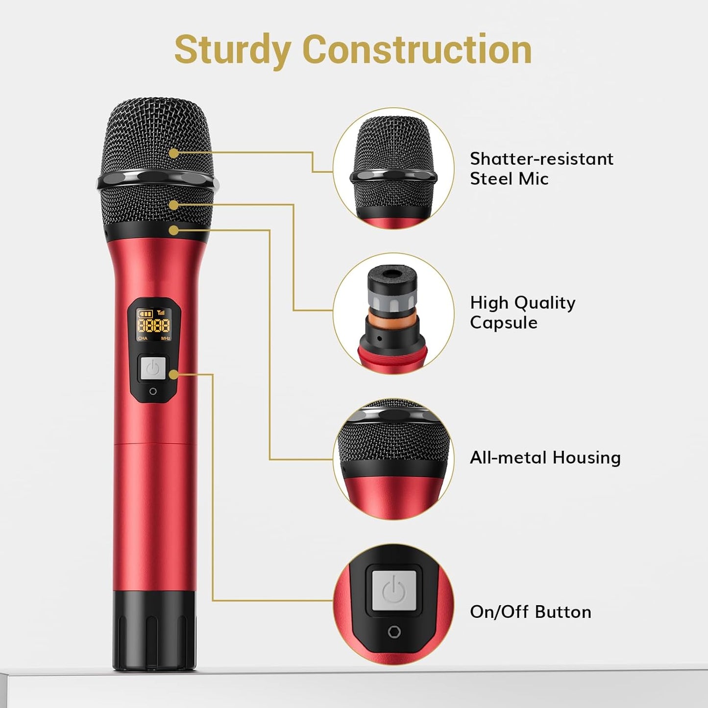 TONOR Wireless Microphone System, Professional Metal Cordless Karaoke Microphones, Handheld Dynamic Mic Set with Receiver for Home Party, Meeting, KTV, Church, DJ, Wedding, Singing, 200ft, TW820 Red