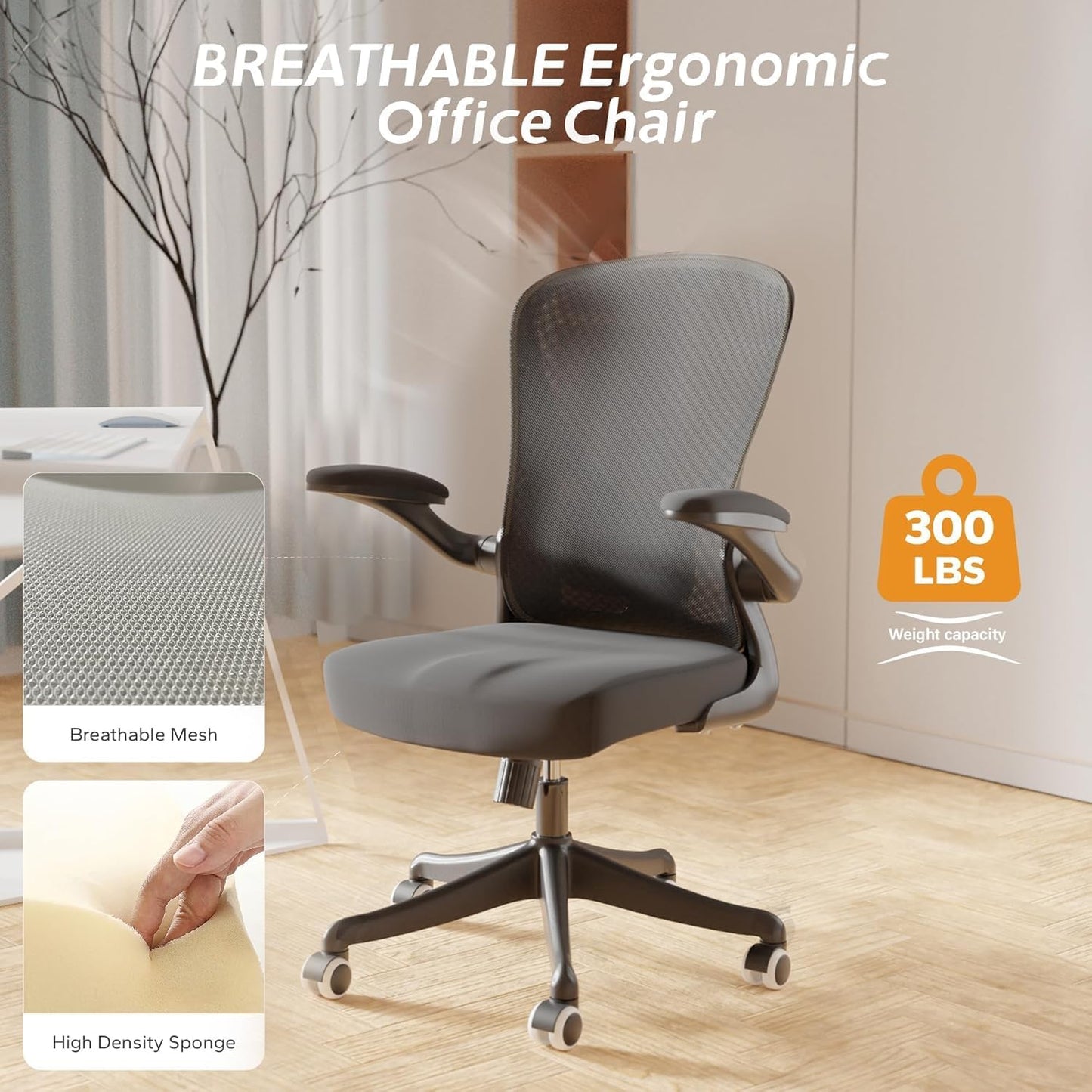 Ergonomic Office Chair with Adjustable Lumbar Support & Flip-Up Armrests - High Back Computer Desk Chair with Thickened Seat Cushion, Rolling Wheels for Home/Office Study Work (01Blcak)