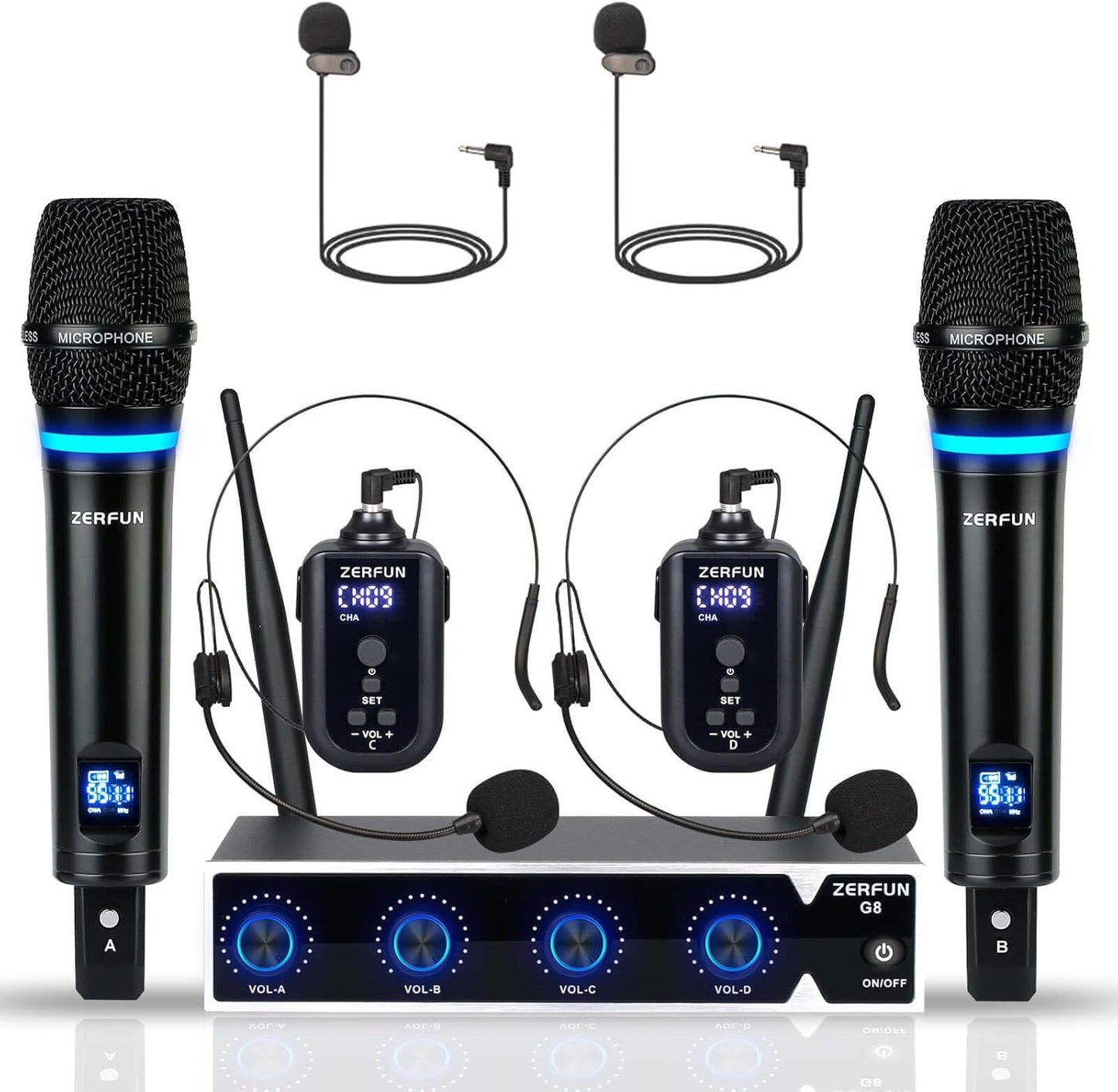 Rechargeable Wireless Microphone System 4 Channel Pro, UHF Metal Handheld Headset Lavalier Lapel Mics Cordless for Church Karaoke Singing with Volume Control, 4x50 Frequency(G8)