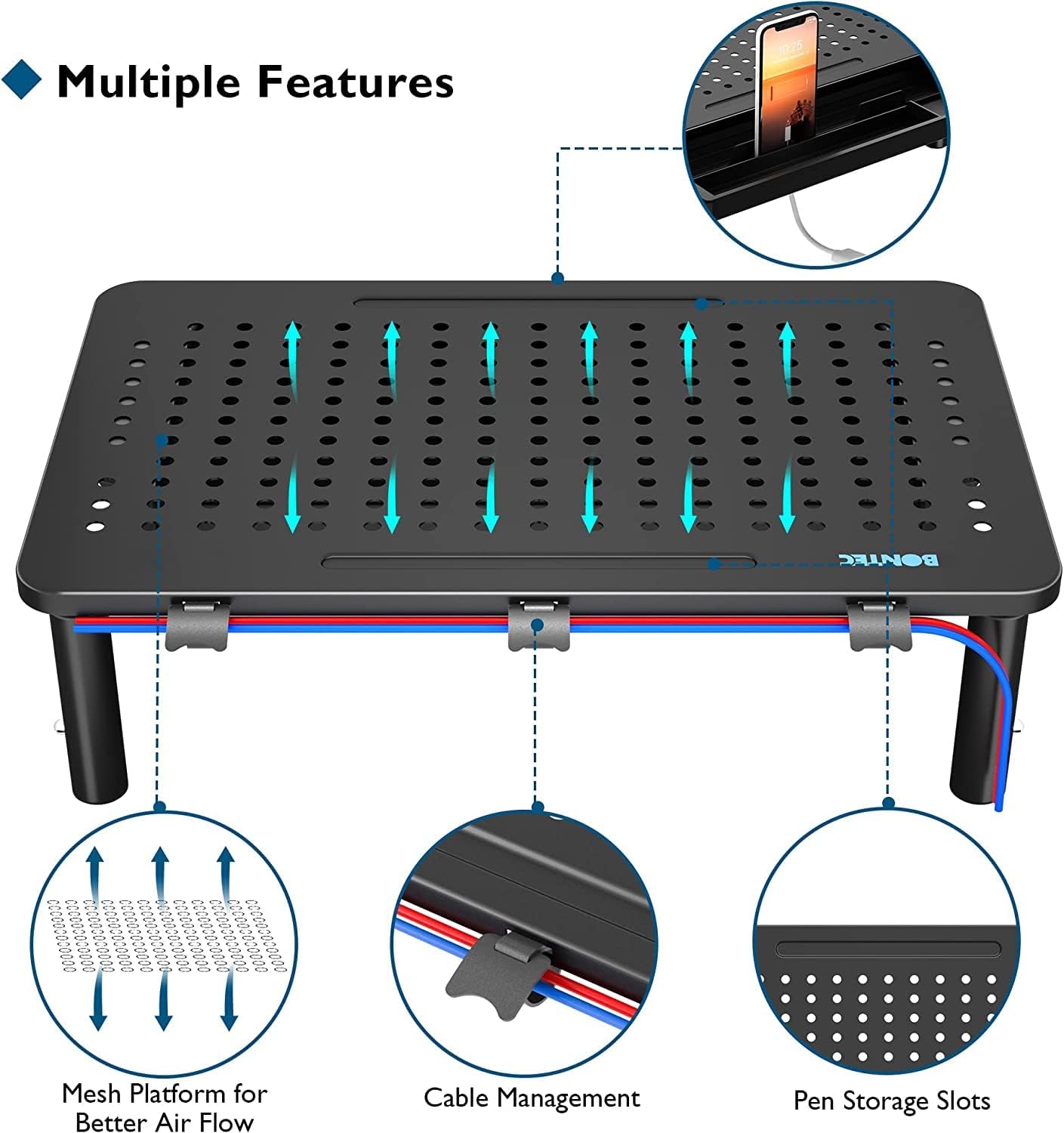 BONTEC 2 Pack Adjustable Monitor Stand Riser with Drawer, Ergonomic Mesh Platform Computer Monitor Stand for Desk, Ventilated Laptop and PC Stand with Cable Management, Supports up to 44lbs