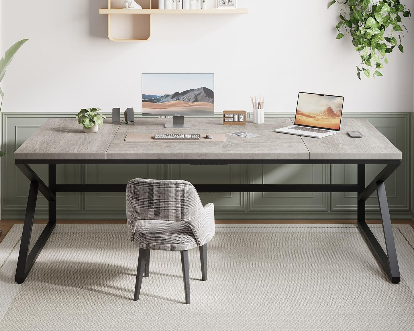 HSH 78 Inch Long Home Office Desk, Extra Large Grey Computer Desk for 2 Person, Industrial Wooden and Metal Executive Work Writing Study Gaming Desk Table, Modern Bedroom PC Laptop Desk Double Desk