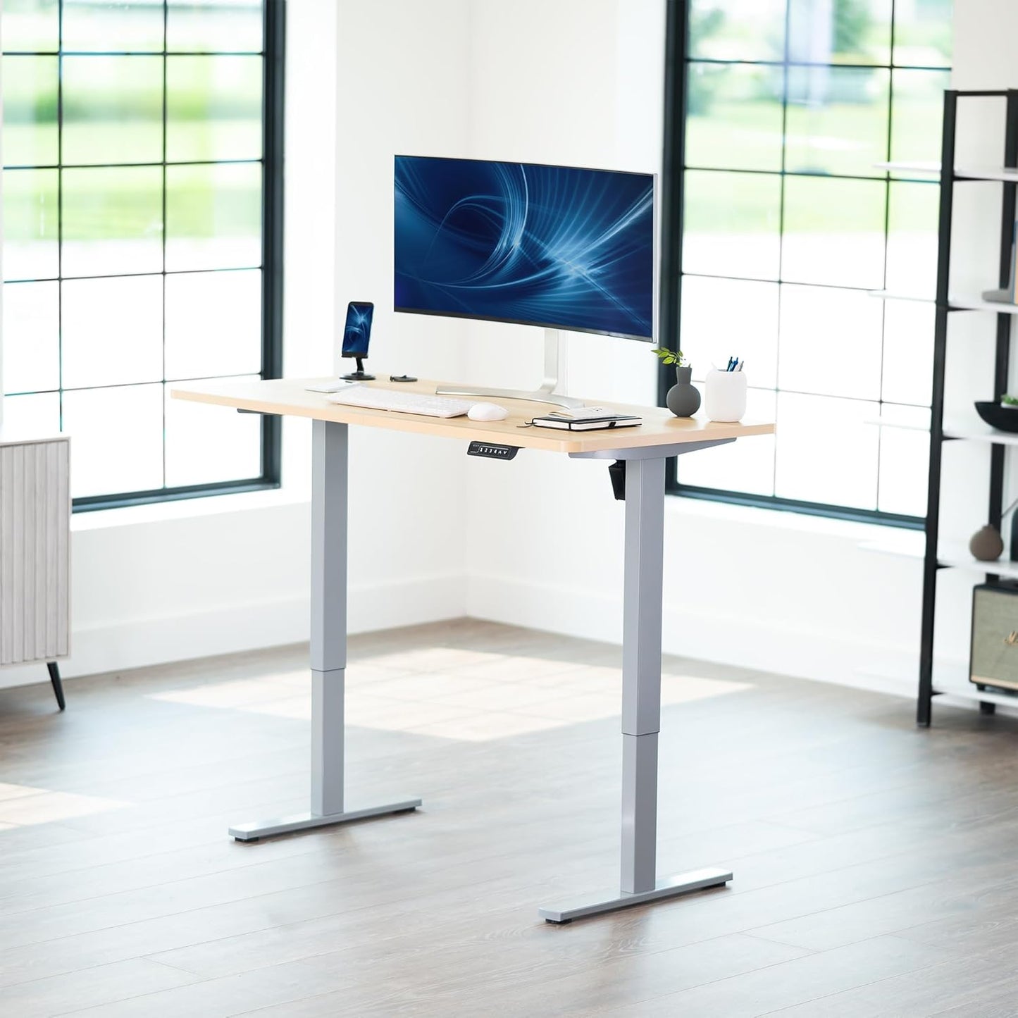 VIVO Electric 55 x 28 in Standing Desk, Memory Height Adjustment, 1B Series, One-Piece Light Wood Top, Gray Frame, DESK-KIT-1G55C