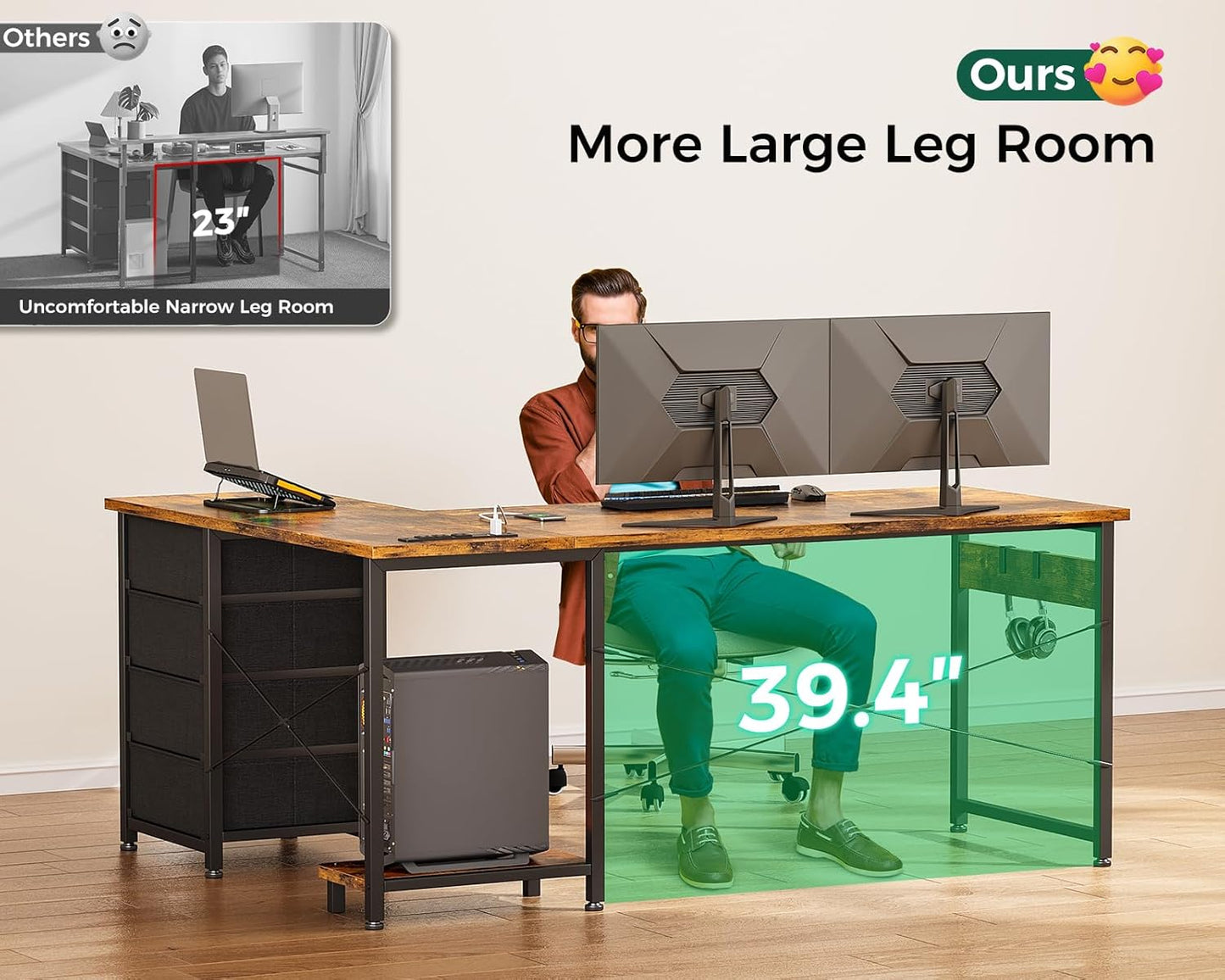 Casaottima L Shaped Desk with 4 Tier Drawers, 53" Gaming Desk with Power Outlets & USB, Reversible L-Shaped Computer Desk with CPU Stand, Home Office Corner Desk with Storage, Easy Assemble, Vintage