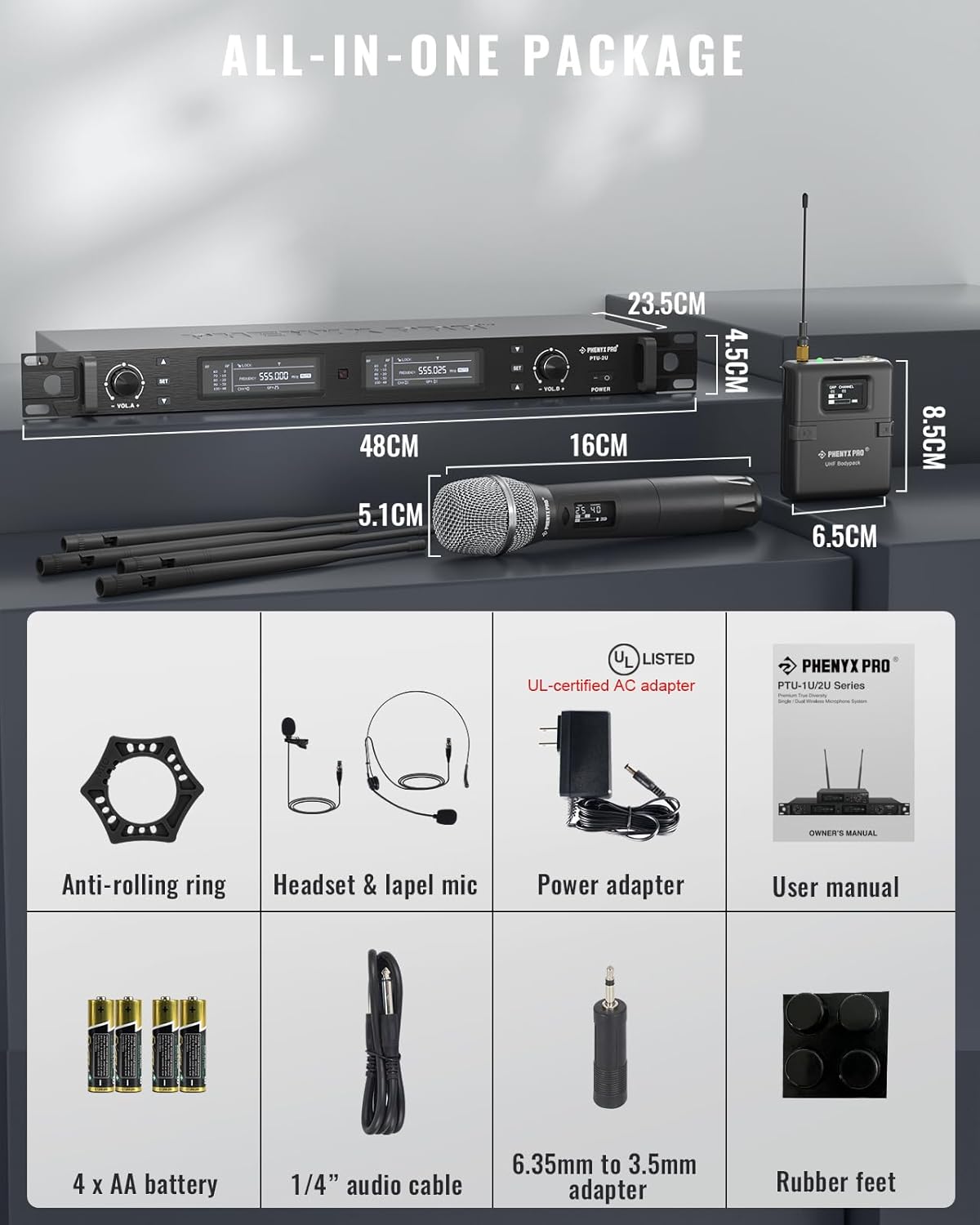 Phenyx Pro Wireless Microphone System, True Diversity Dual Cordless Microphone Set w/UHF Handheld/Bodypack/Headset/Lapel Mics, Auto Scan, 2x1000 Channels for Stage & Studio (PTU-2U-1H1B)