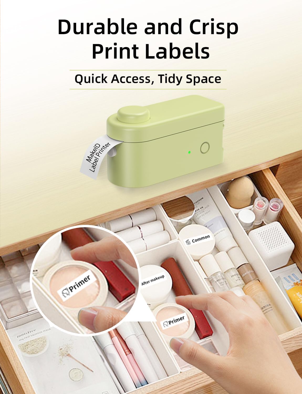 Makeid L1 Label Maker Machine with Tape - Portable & Rechargeable Label Makers Compatible with 9 12 16mm Waterproof Tape - Mini Bluetooth Labeler for Organizing Office Home School (Green Tape)