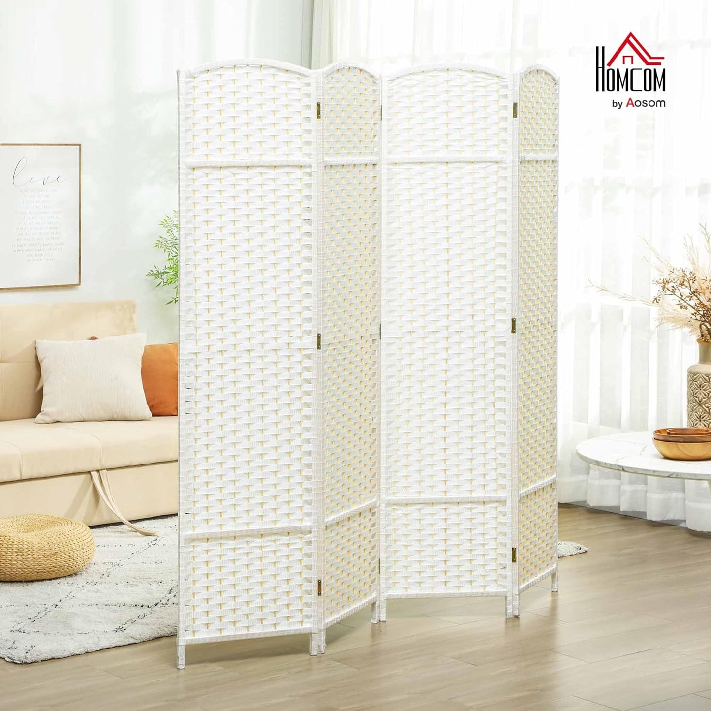 HOMCOM Room Divider, 4 Panel Folding Privacy Screen, 5.6' Tall Freestanding Wall Partition for Home Office, Bedroom, White